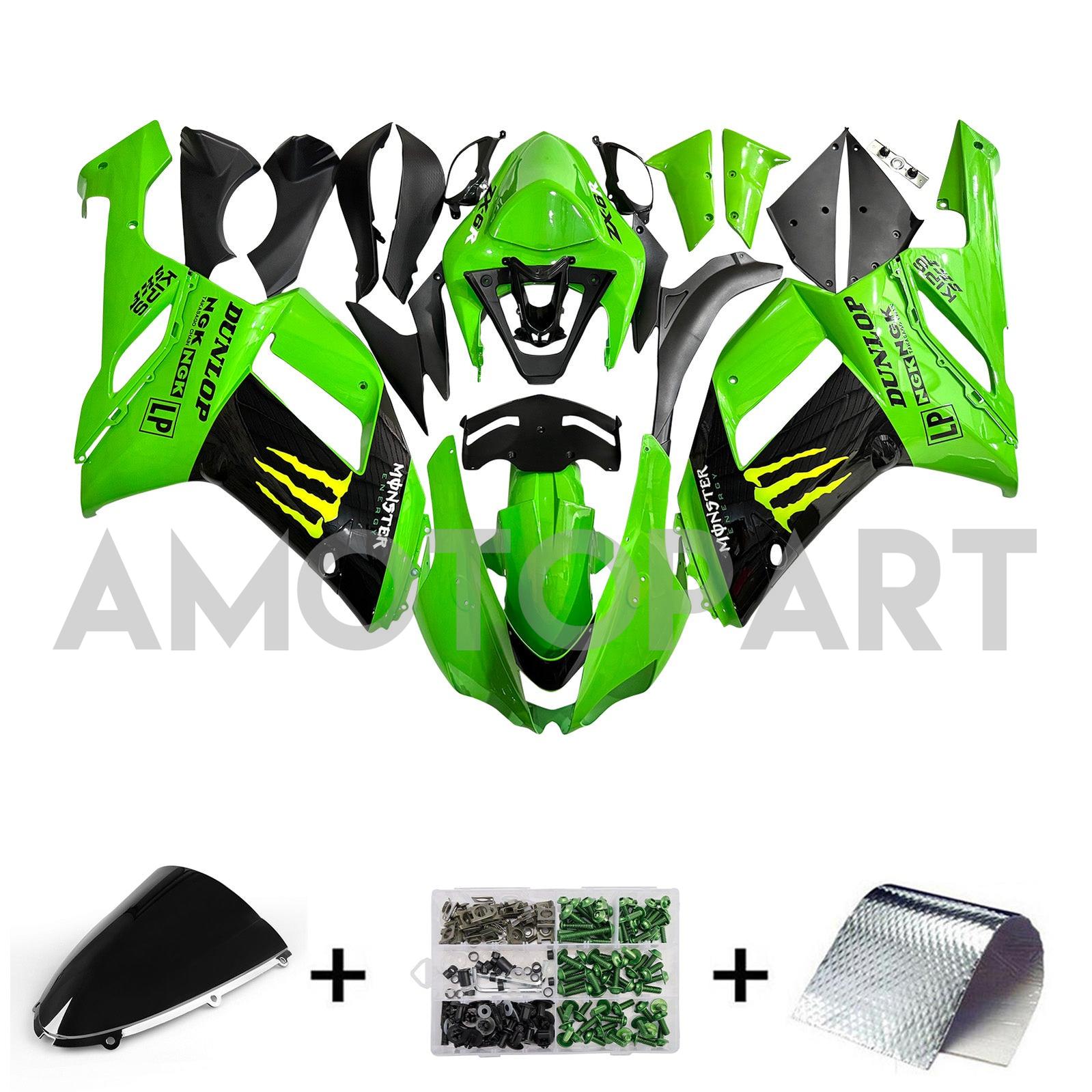 Amotopart 2007-2008 Kawasaki ZX6R 636 Black & Green Monster Fairing Kit