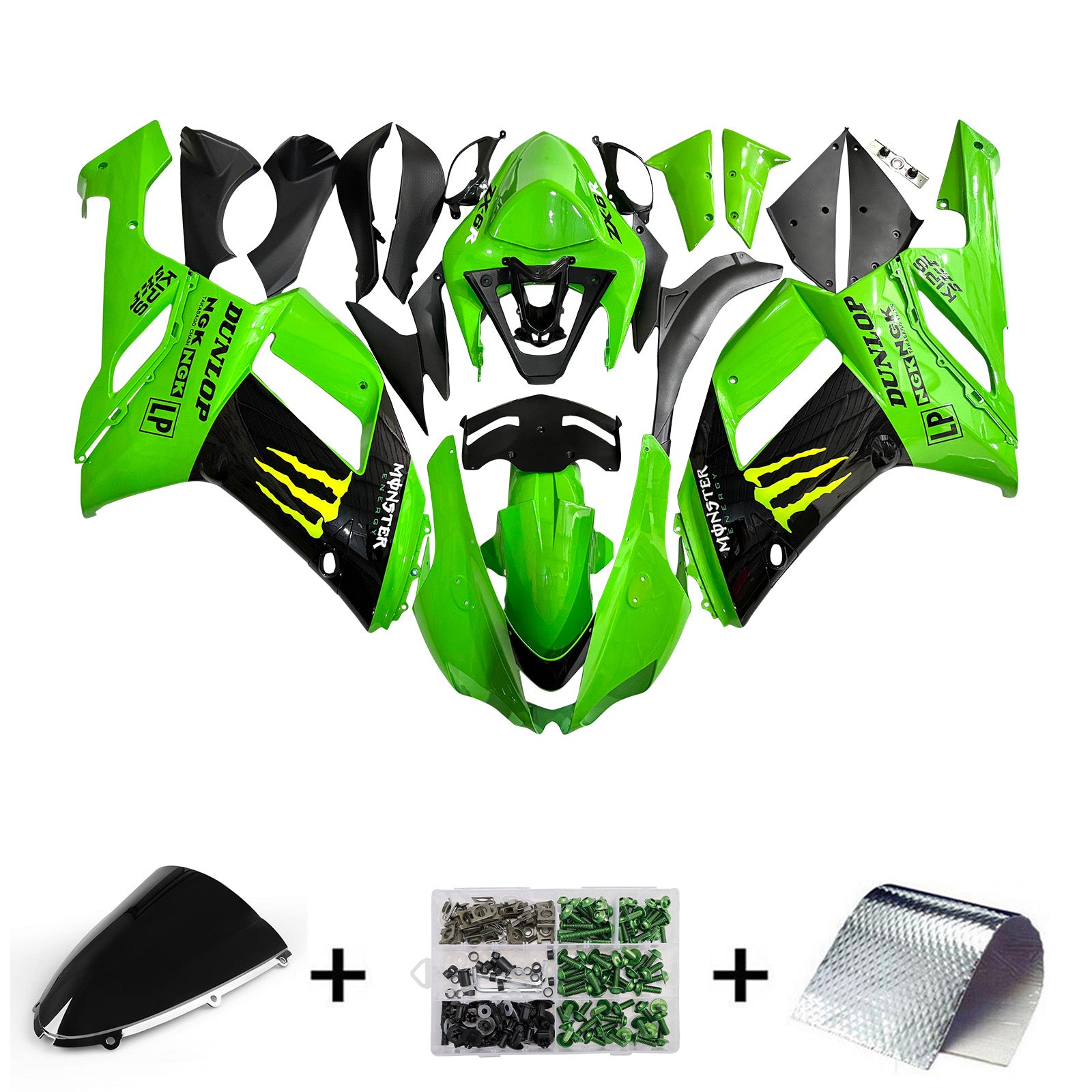 Amotopart 2007-2008 Kawasaki ZX6R 636 Black&Green Monster Fairing Kit