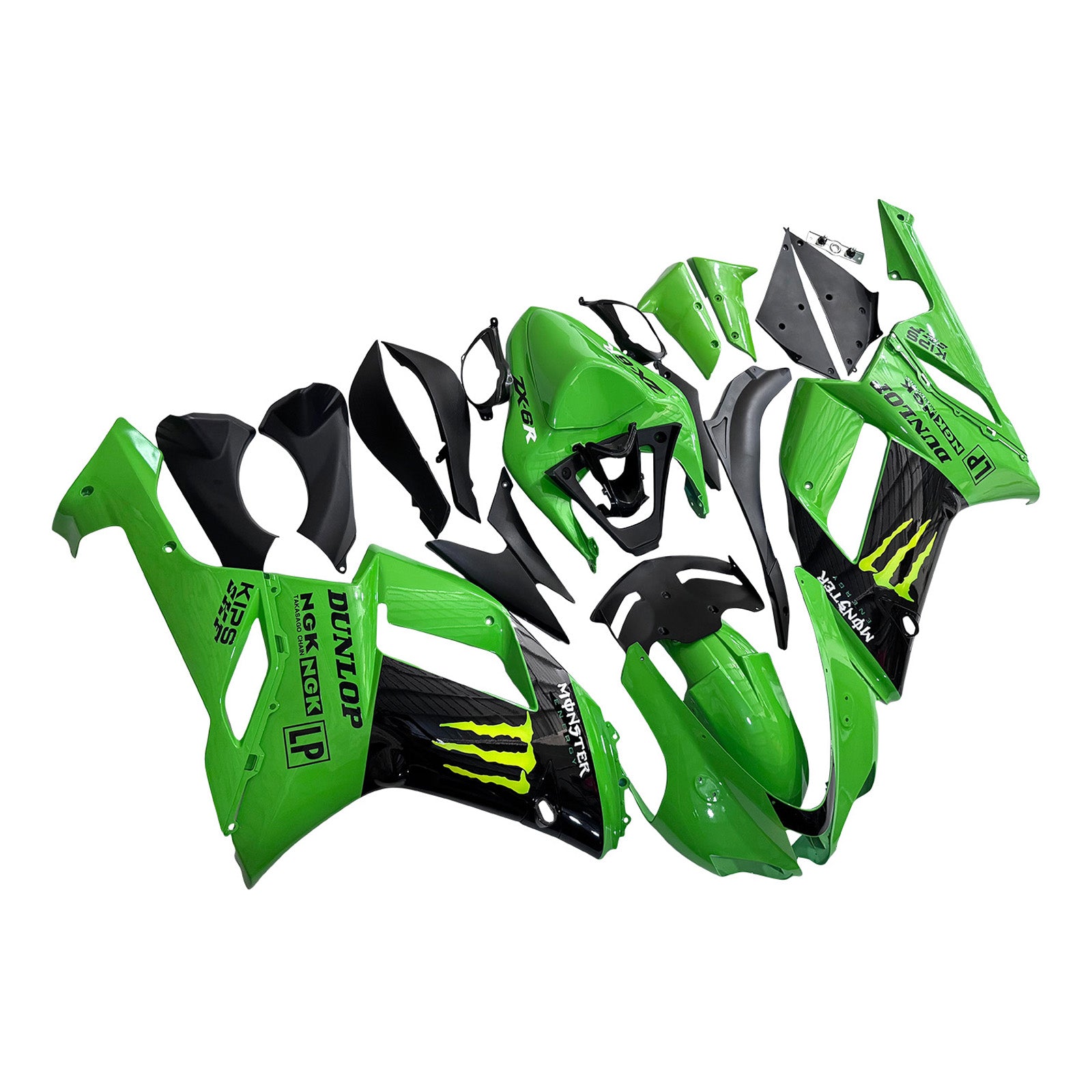 Amotopart 2007-2008 Kawasaki ZX6R 636 Black&Green Monster Fairing Kit