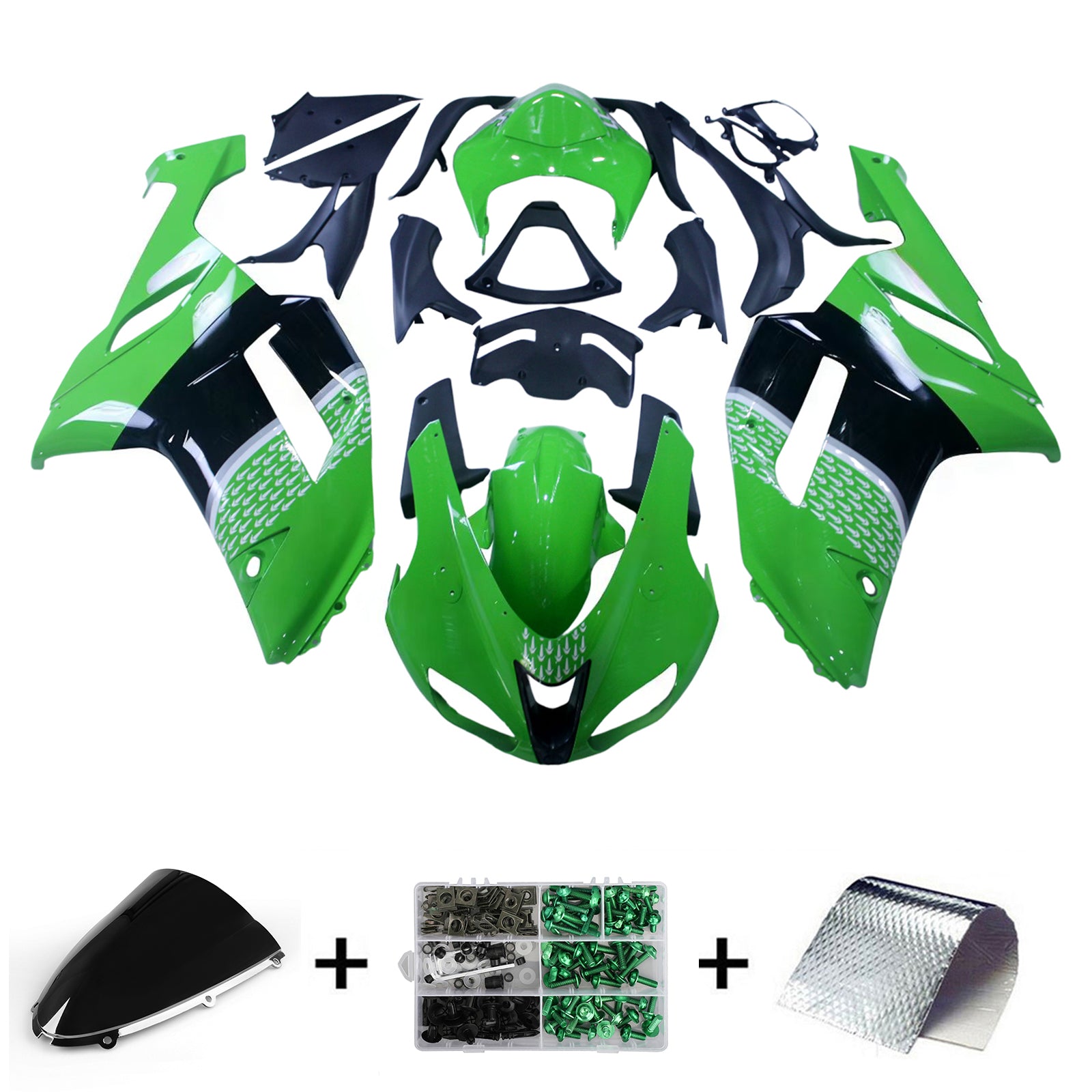 Amotopart 2007-2008 Kawasaki ZX6R 636 Green Black Fairing Kit
