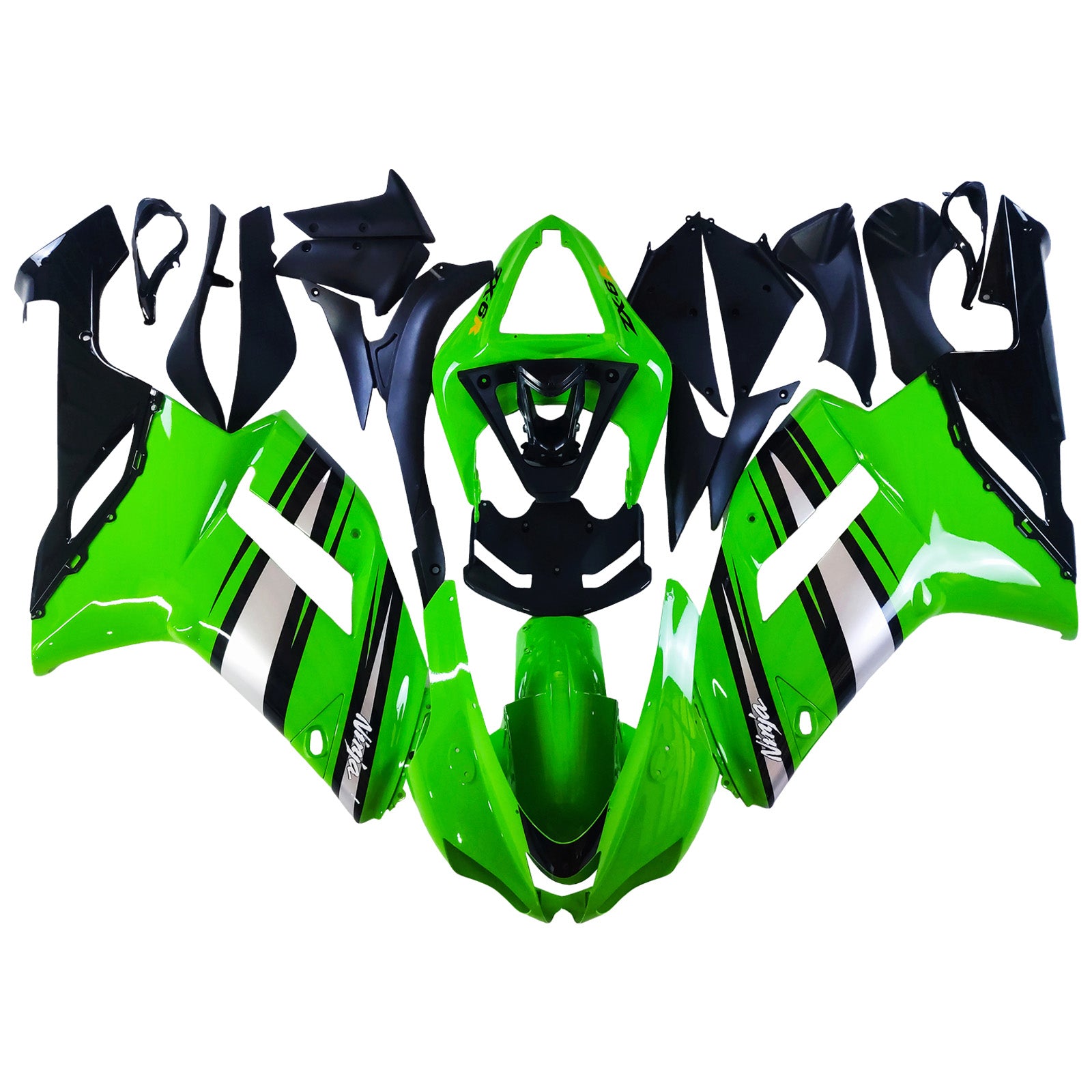 Amotopart 2007–2008 Kawasaki ZX6R 636 glänzendes Silber-Grün-Schwarz-Verkleidungsset