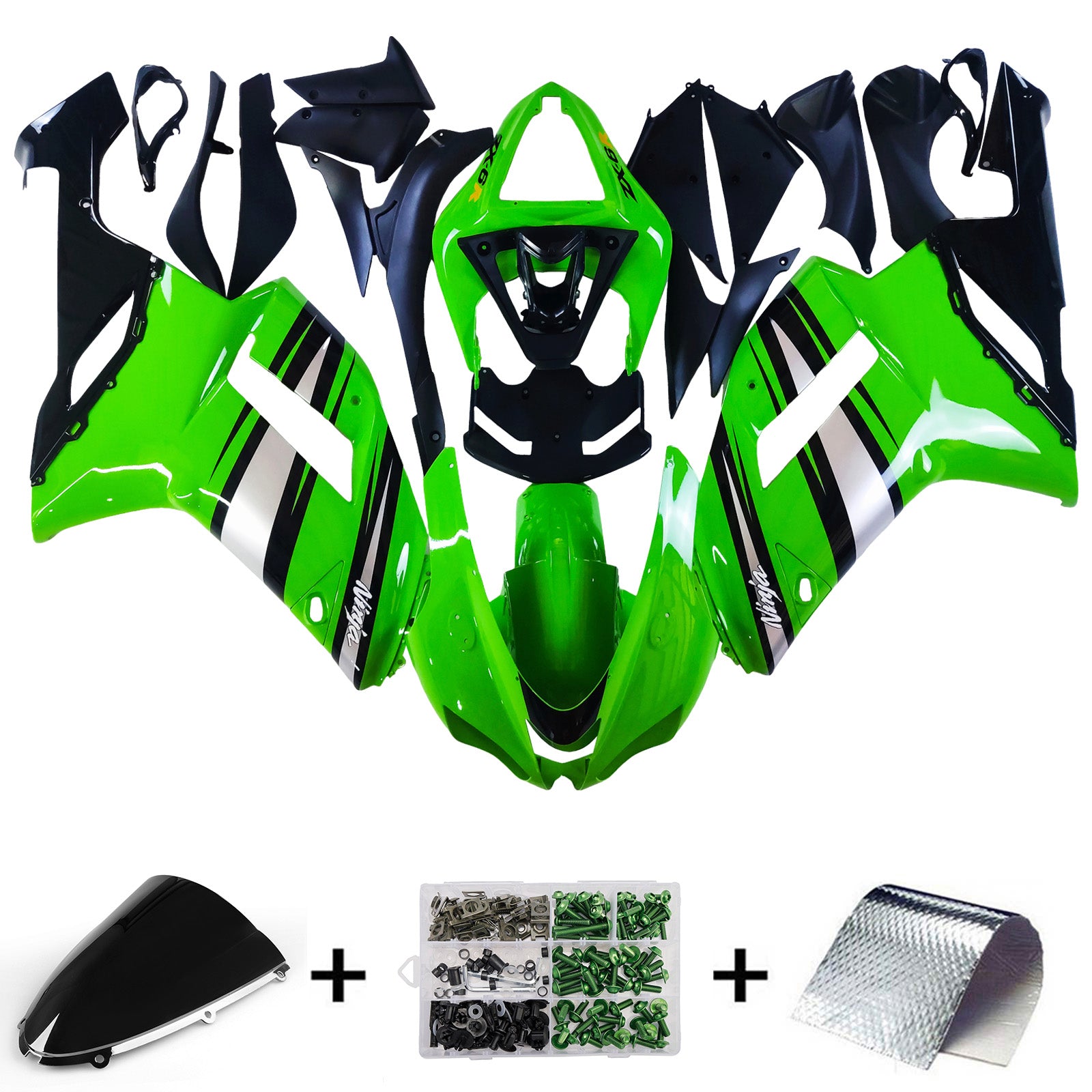 Amotopart 2007–2008 Kawasaki ZX6R 636 glänzendes Silber-Grün-Schwarz-Verkleidungsset