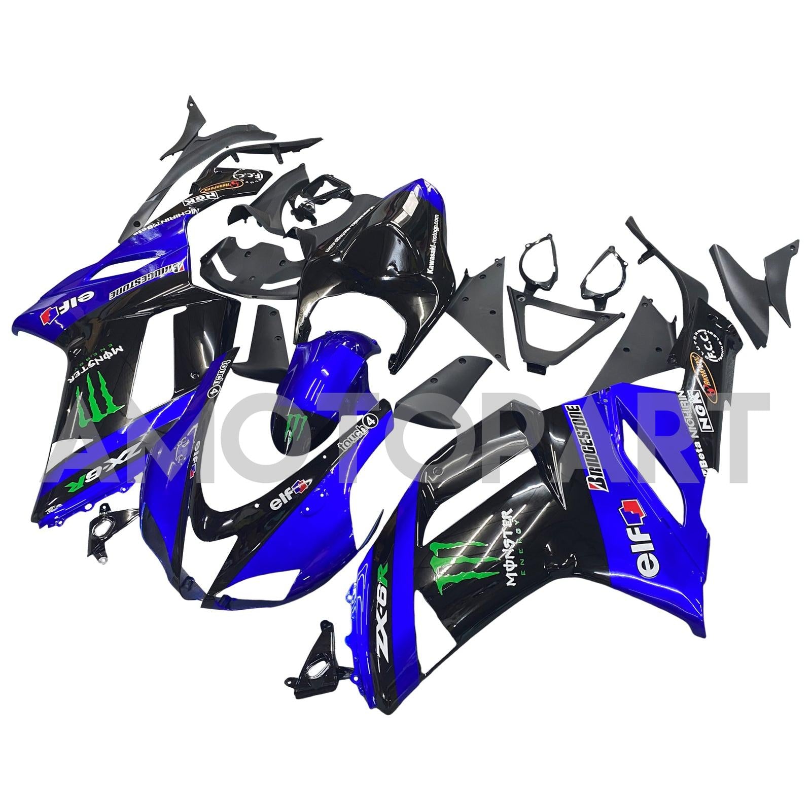 Amotopart 2007-2008 Kawasaki ZX6R 636 Kit carena nero e blu