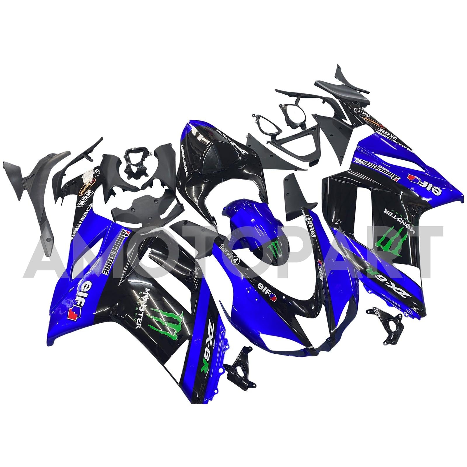 Amotopart 2007-2008 Kawasaki ZX6R 636 Kit carena nero e blu