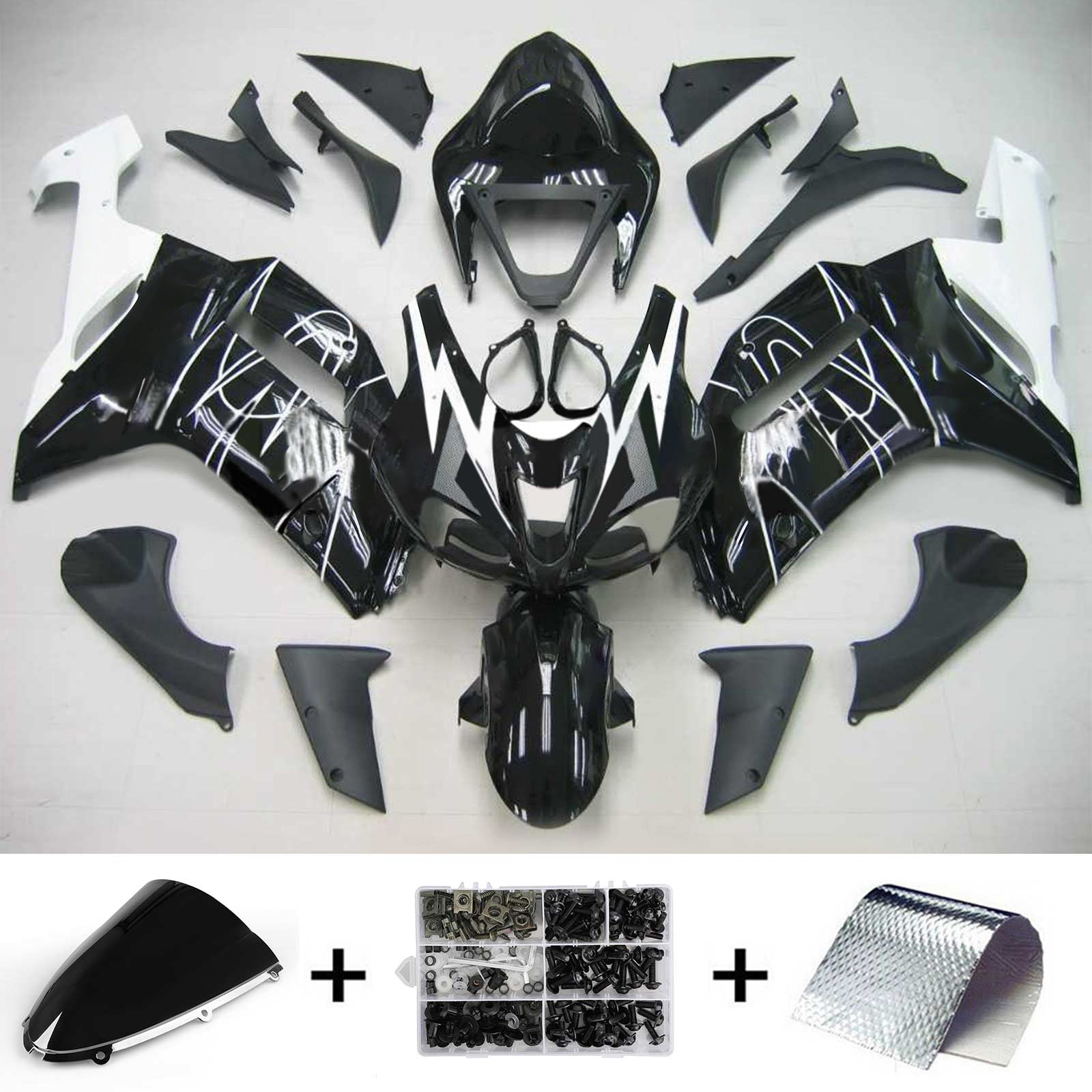 Amotopart Kawasaki 2007-2008 ZX6R 636 ブラック ホワイトラインフェアリングキット