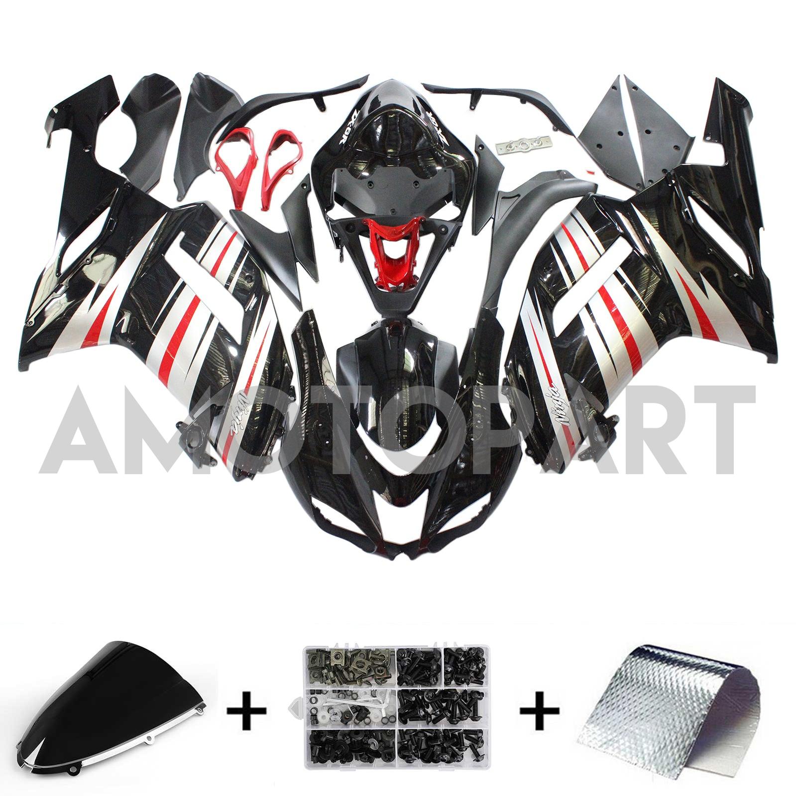 Amotopart Kawasaki 2007-2008 ZX6R 636 Black Sliver Red Fairing Kit