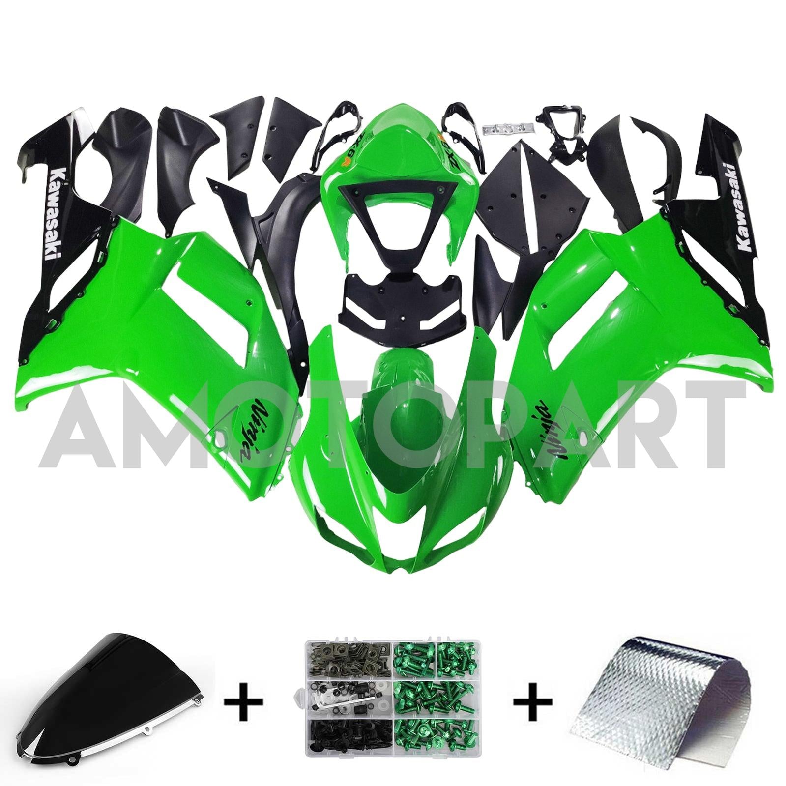 Amotopart Kawasaki 2007-2008 ZX6R 636 Kit de carenagem verde