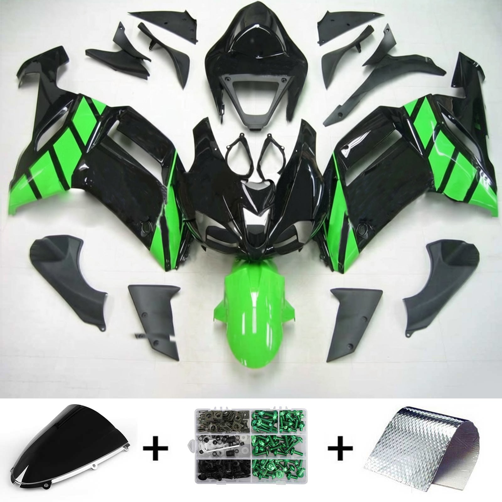 Amotopart Kawasaki 2007-2008 ZX6R 636 zwartgroene kuipset