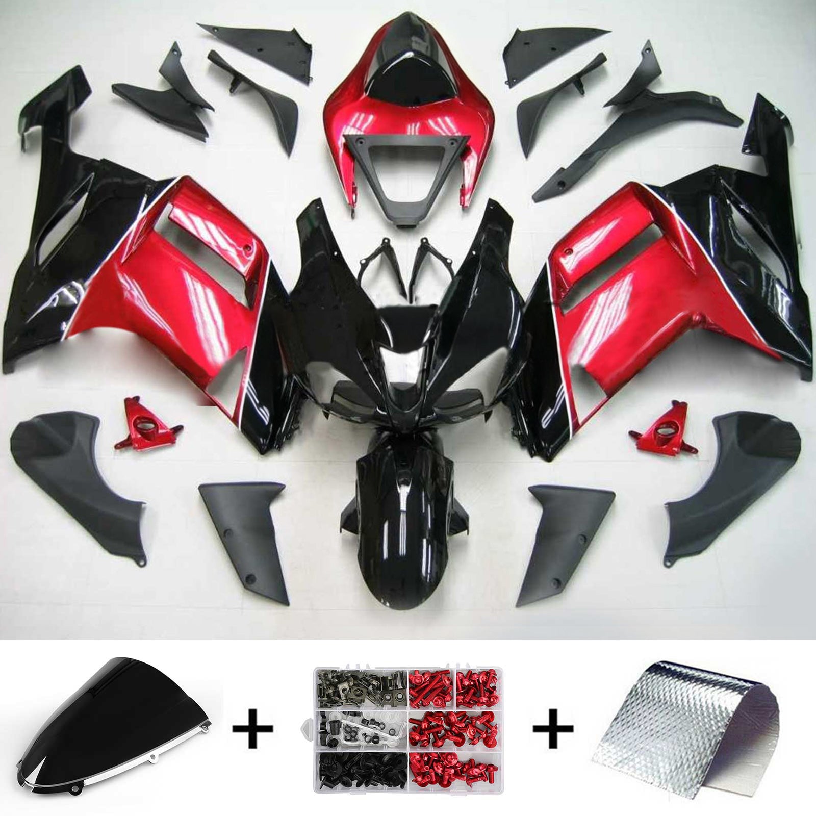 Amotopart Kawasaki 2007-2008 ZX6R 636 zwart met rode kuipset