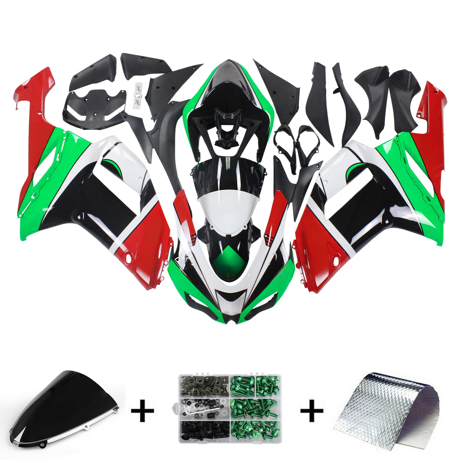 Amotopart Kawasaki 2007-2008 ZX6R 636 Green Red Fairing Kit