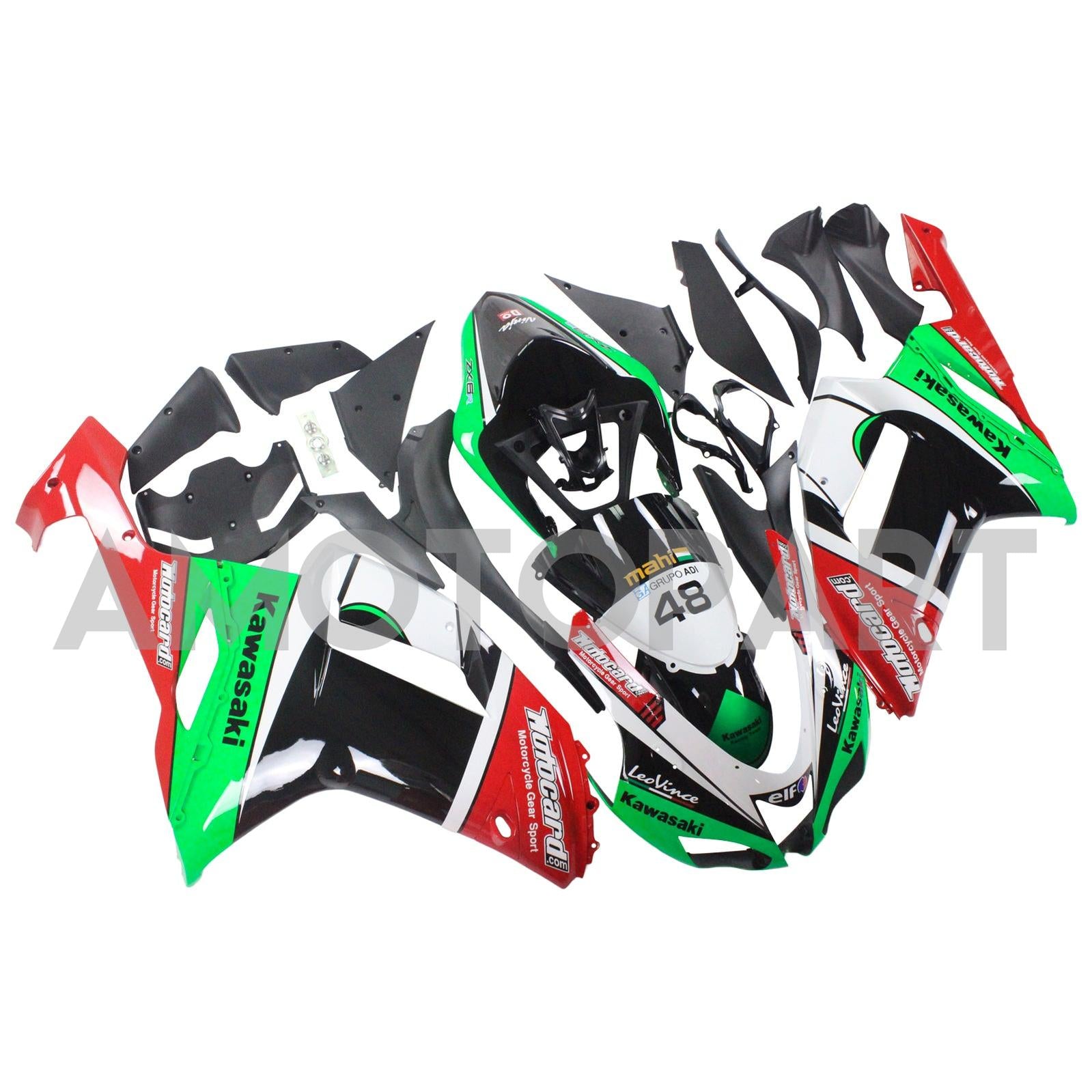 Amotopart Kawasaki 2007-2008 ZX6R 636 Green Red Fearing Kit