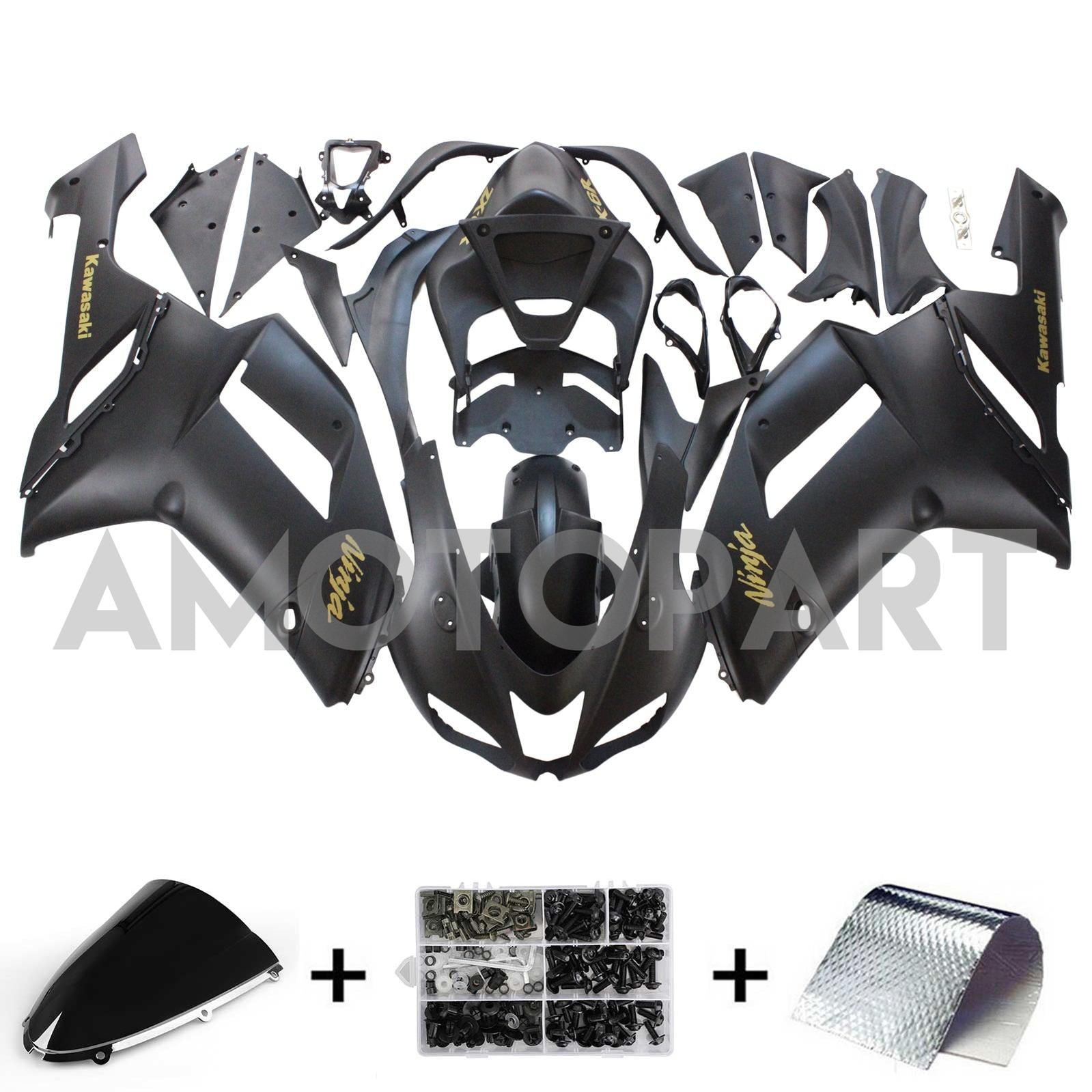 Amotopart Kawasaki 2007-2008 ZX6R 636 Matte Black With Yellow Logos Fairing Kit