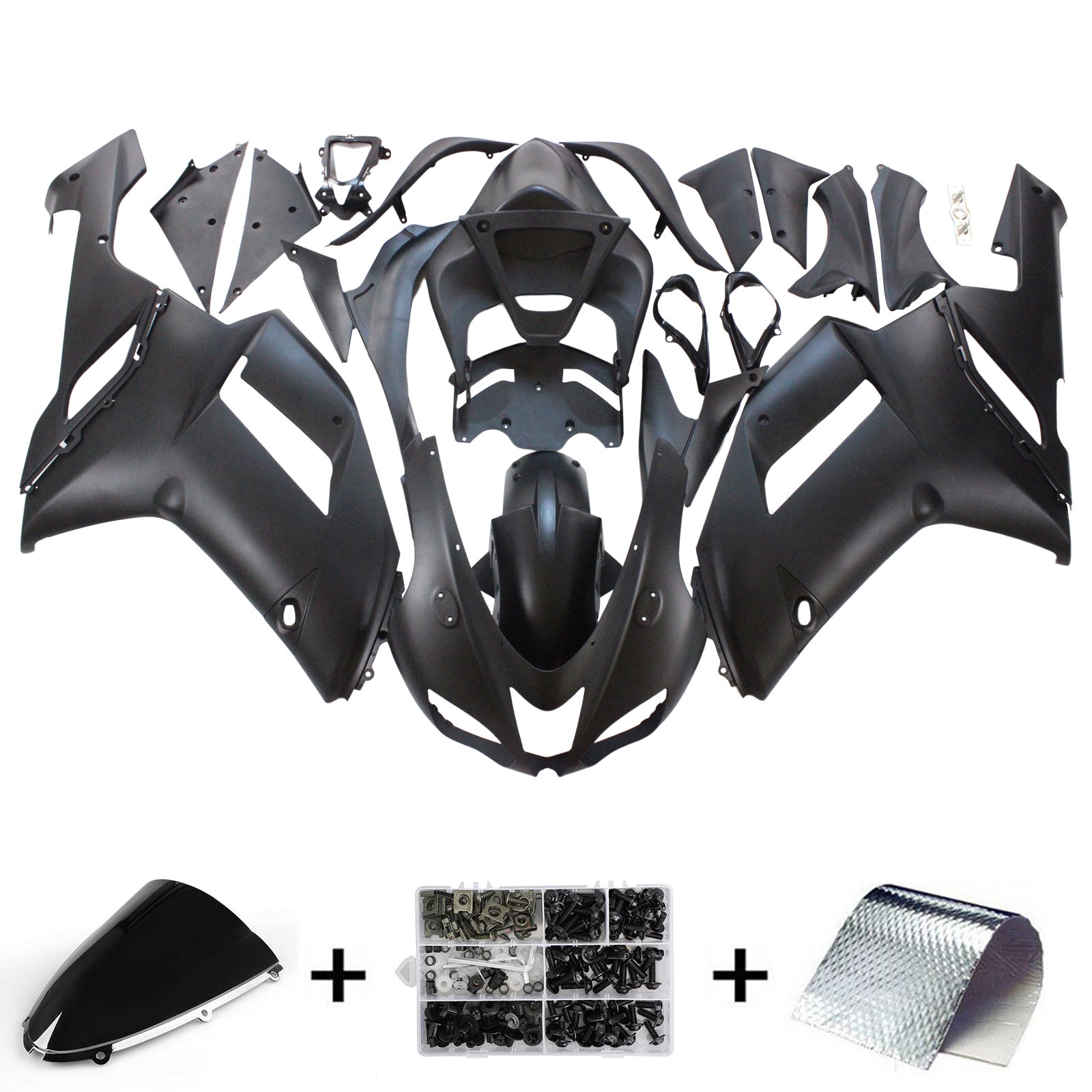 Amotopart Kawasaki 2007-2008 ZX6R 636 Kit de carenado negro mate con logotipos amarillos