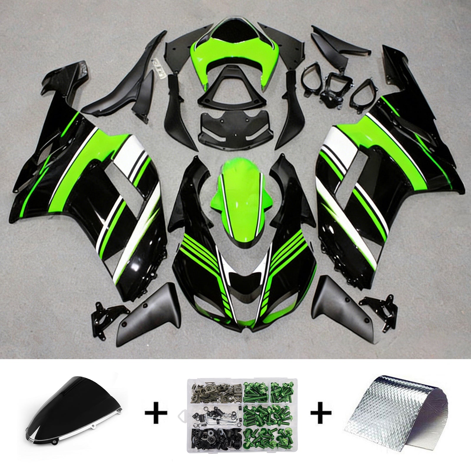 Amotopart 2007-2008 Kawasaki ZX6R 636 zwart groen wit kuipset