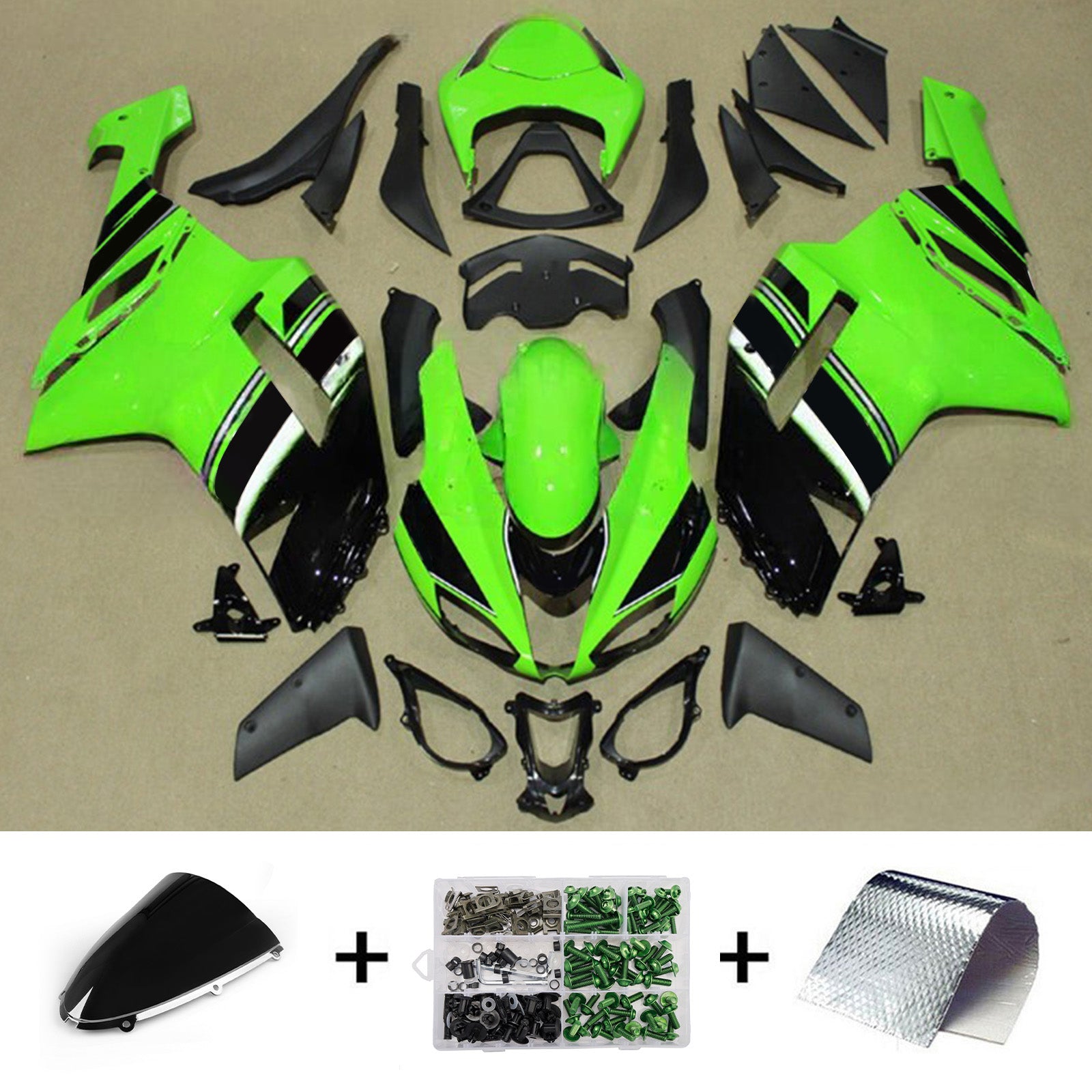 Amotopart 2007-2008 Kawasaki ZX6R 636 Black Green Fairing Kit
