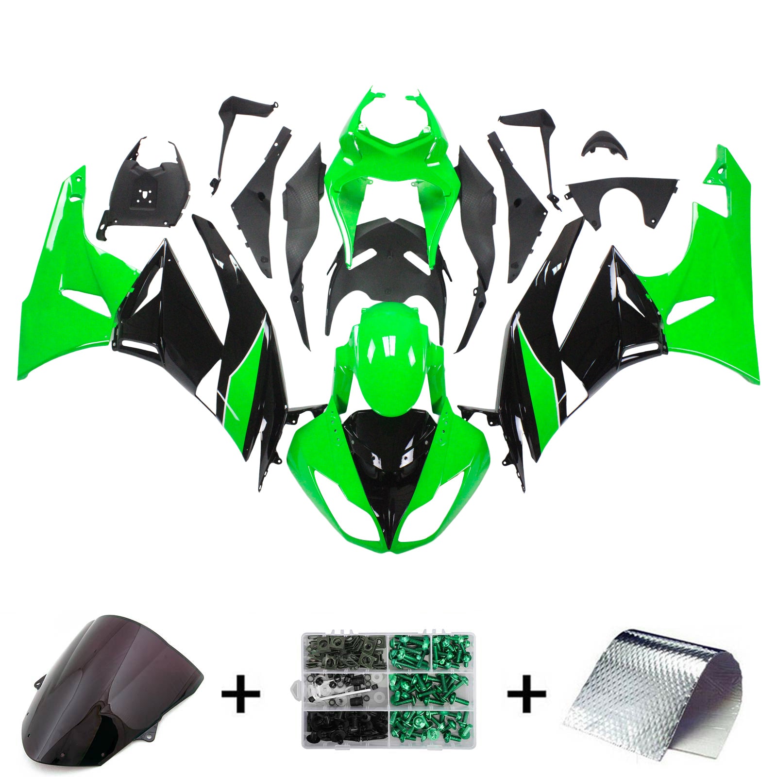 Amotopart Kawasaki 2009-2012 ZX6R 636 Black Green Failing Kit