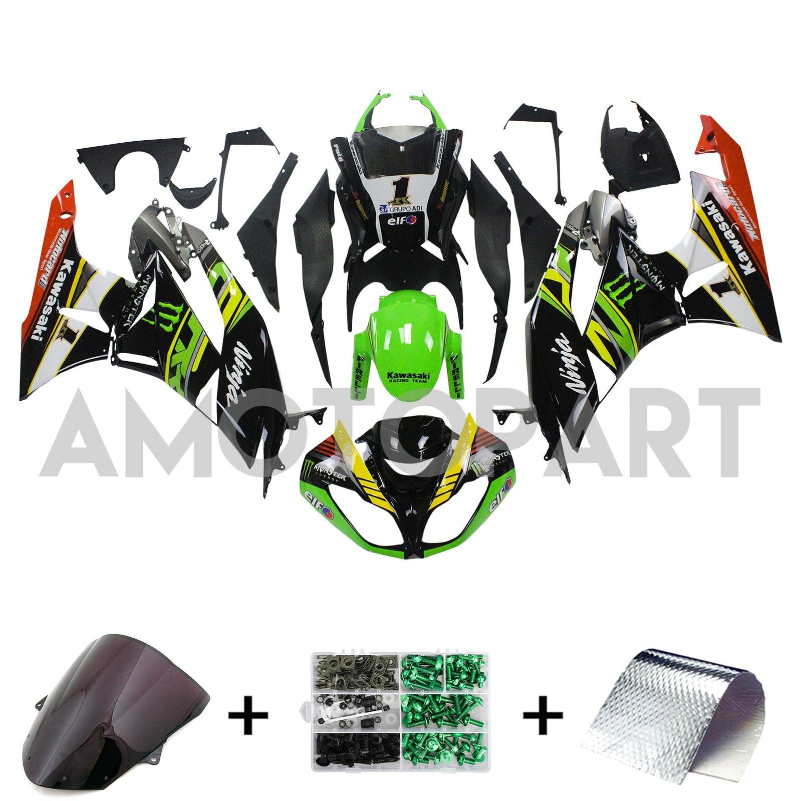 Amotopart Kawasaki 2009-2012 ZX6R 636 Black Green Claw Fairing Kit