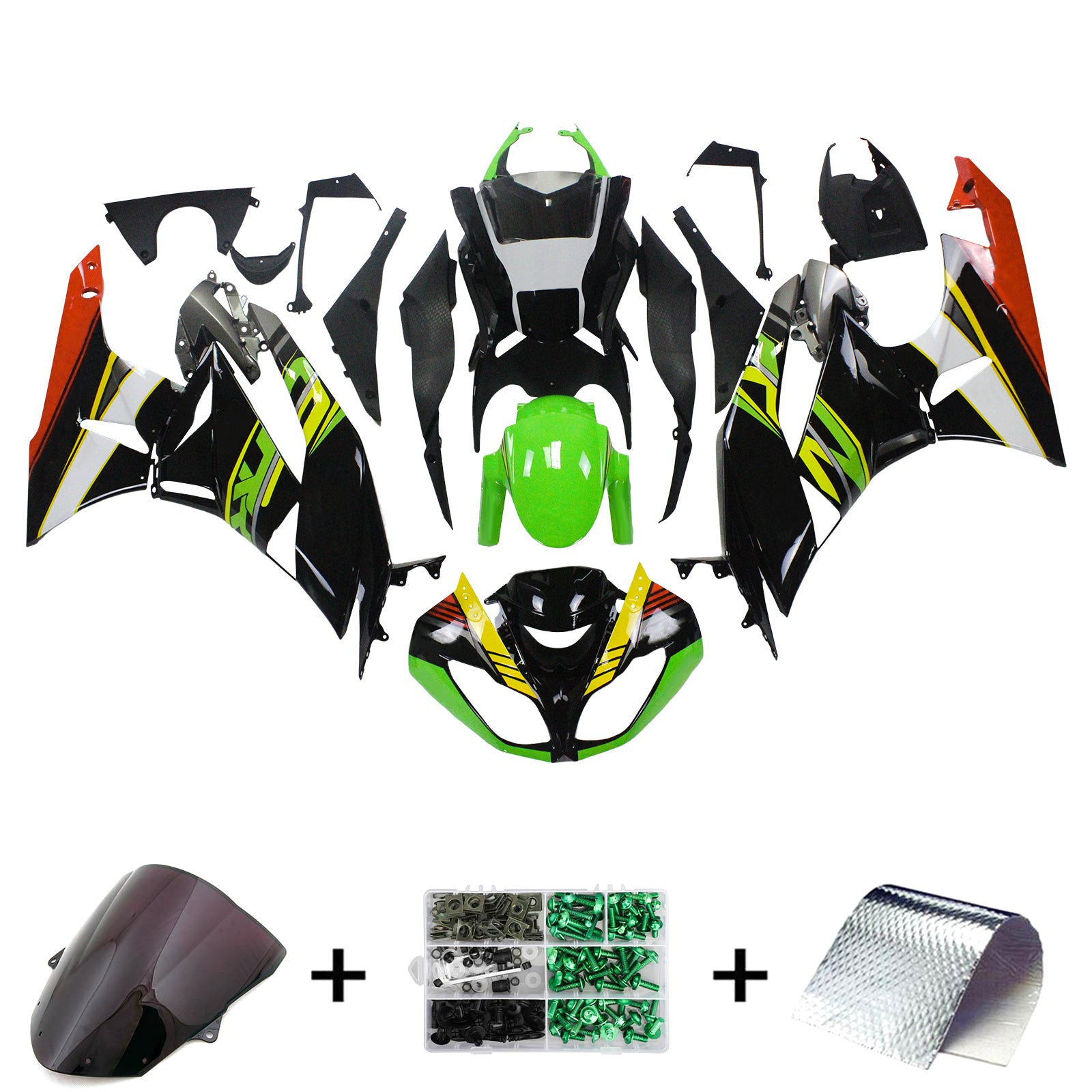 Amotopart Kawasaki 2009-2012 ZX6R 636 Black Green Claw Realing Kit