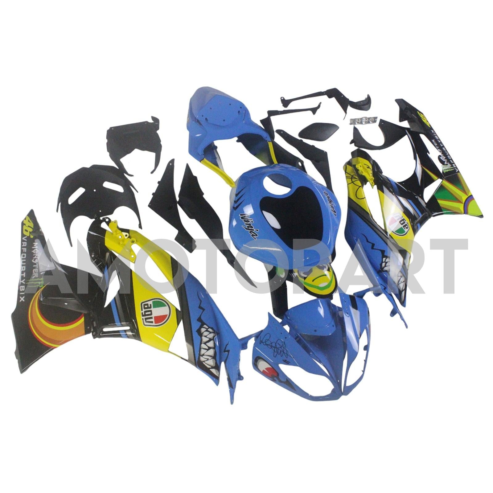Amotopart Kawasaki 2009-2012 ZX6R 636 Blue&Yellow Monster Fairing Kit