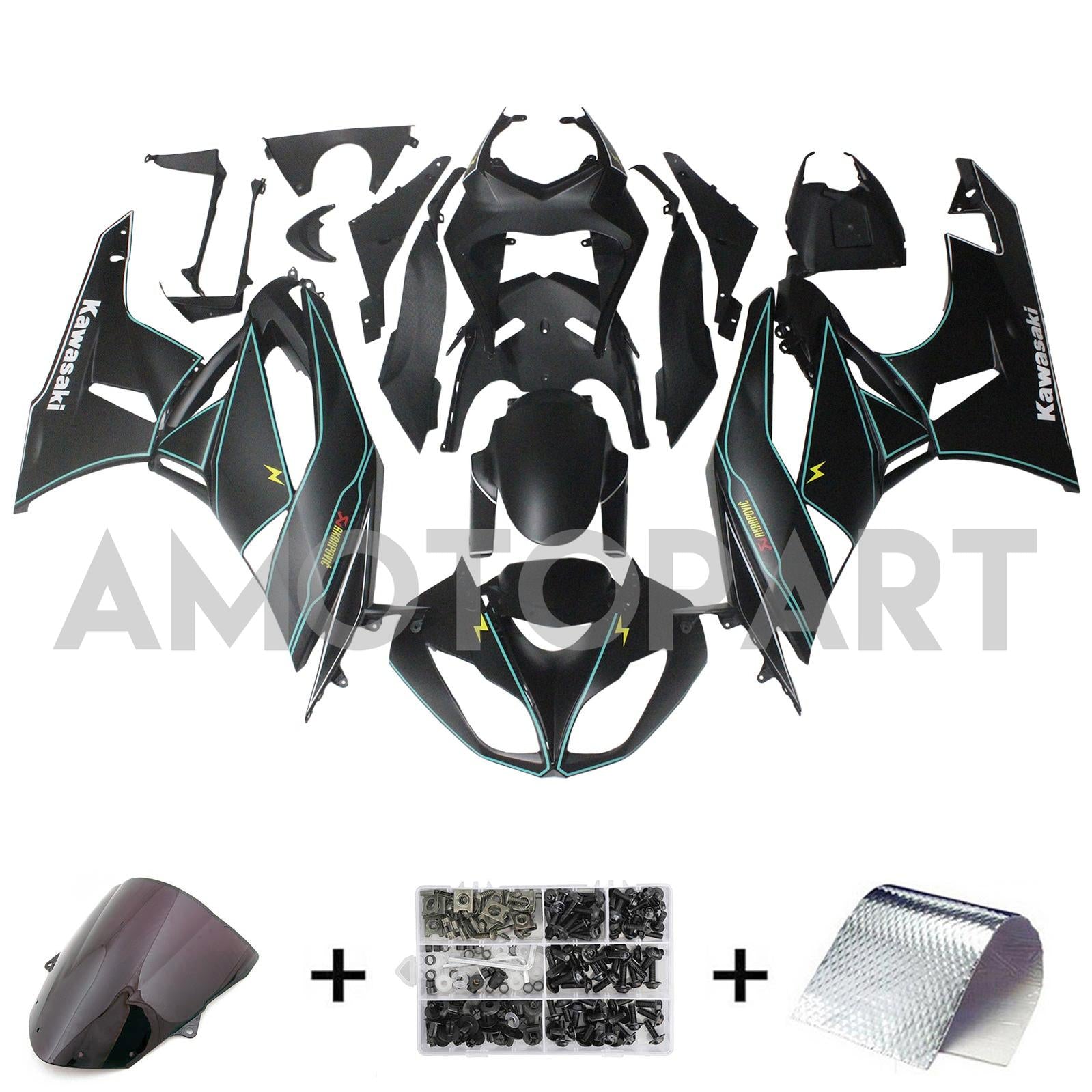 Amotopart Kawasaki 2009-2012 ZX6R 636 Black&Blue Line Fairing Kit