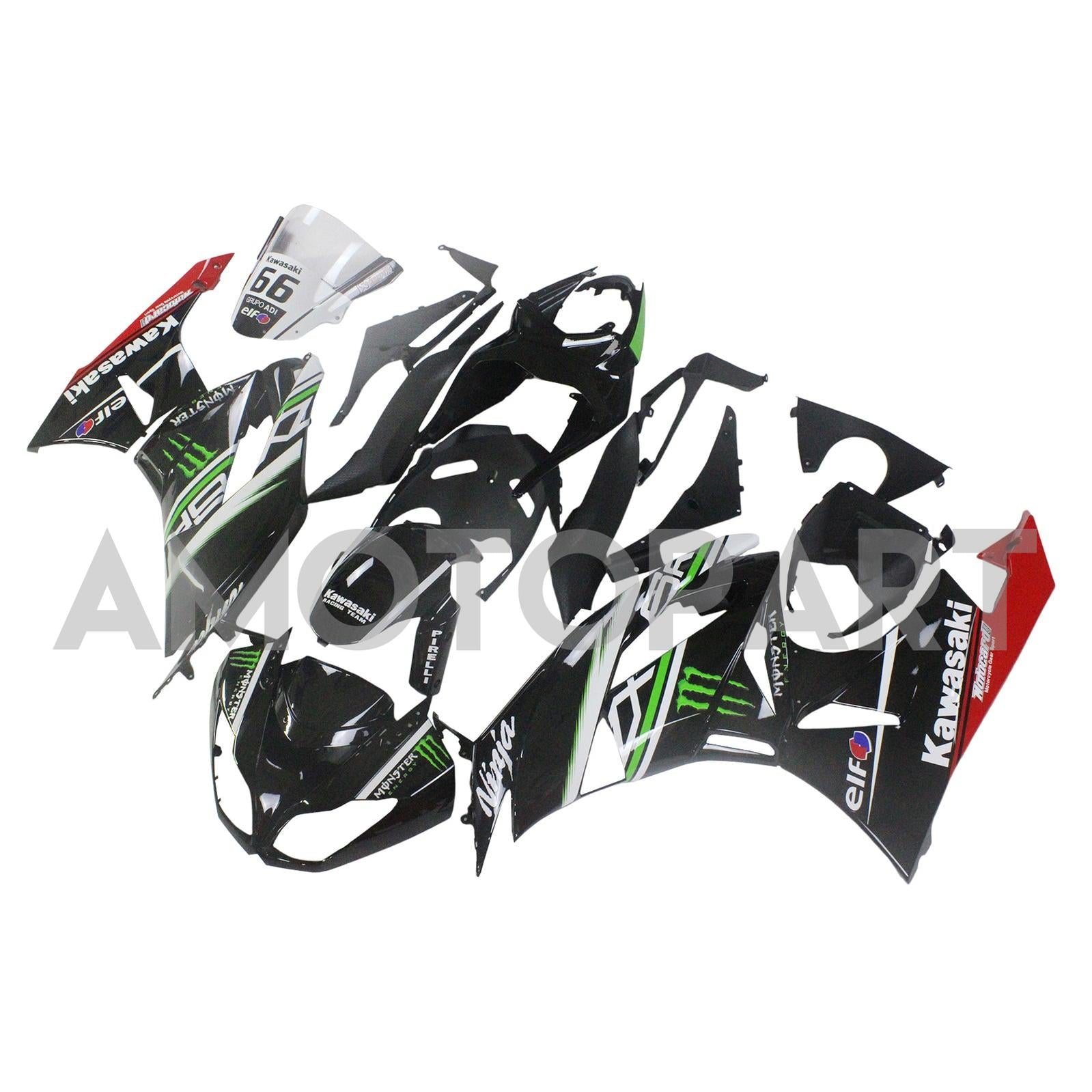 Amotopart Kawasaki 2009-2012 ZX6R 636 ブラック グリーンロゴ付き フェアリングキット