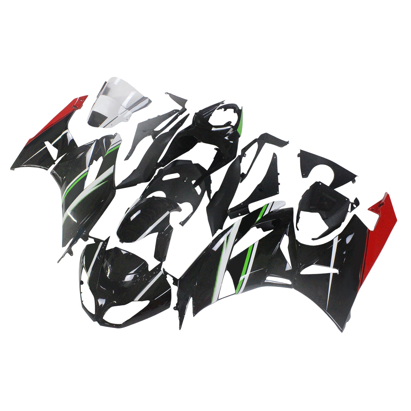 Amotopart Verkleidungsset für Kawasaki 2009–2012 ZX6R 636, Schwarz mit grünem Logo