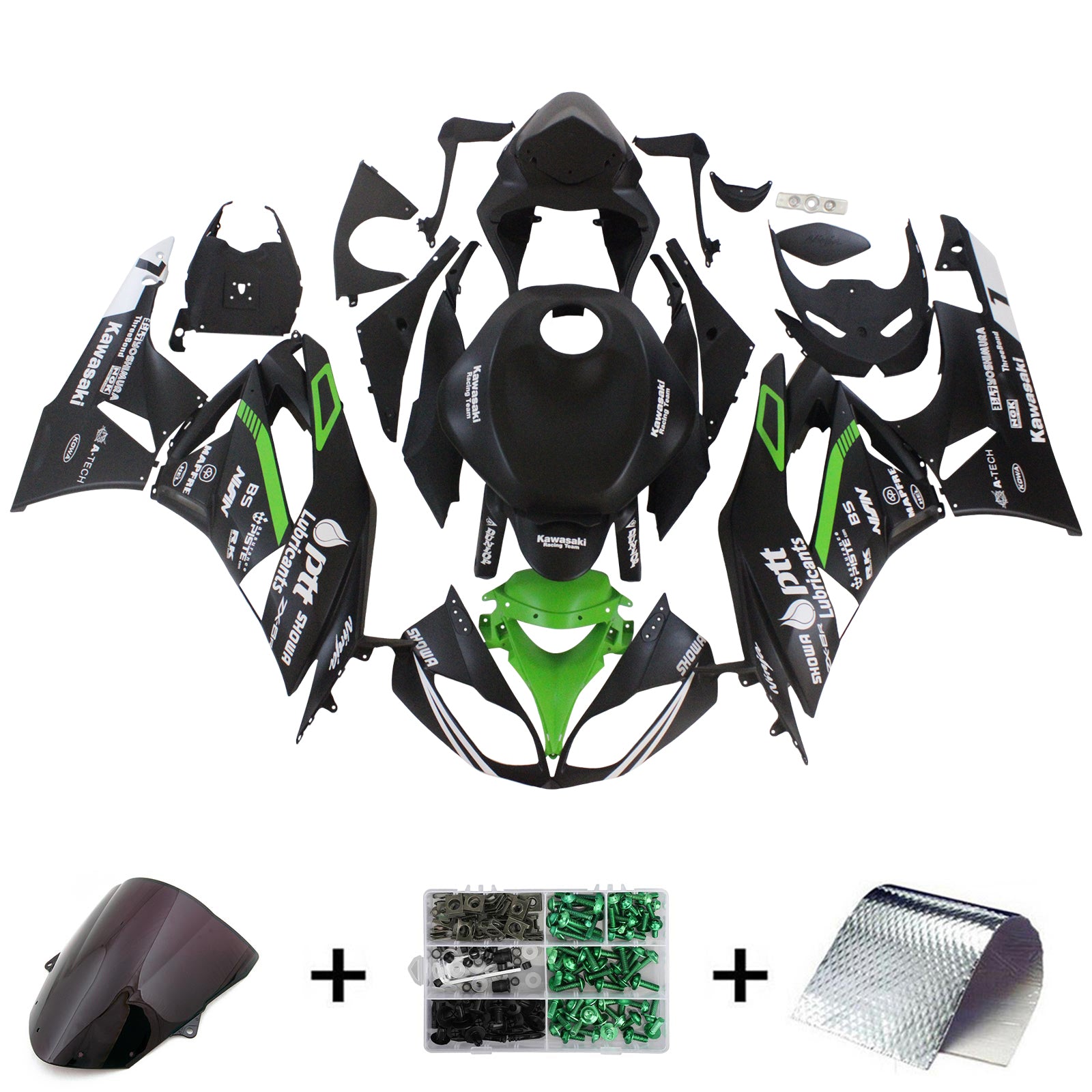 Amotopart Kawasaki 2009-2012 ZX6R 636 Vert&Kit de carénage Black Style2