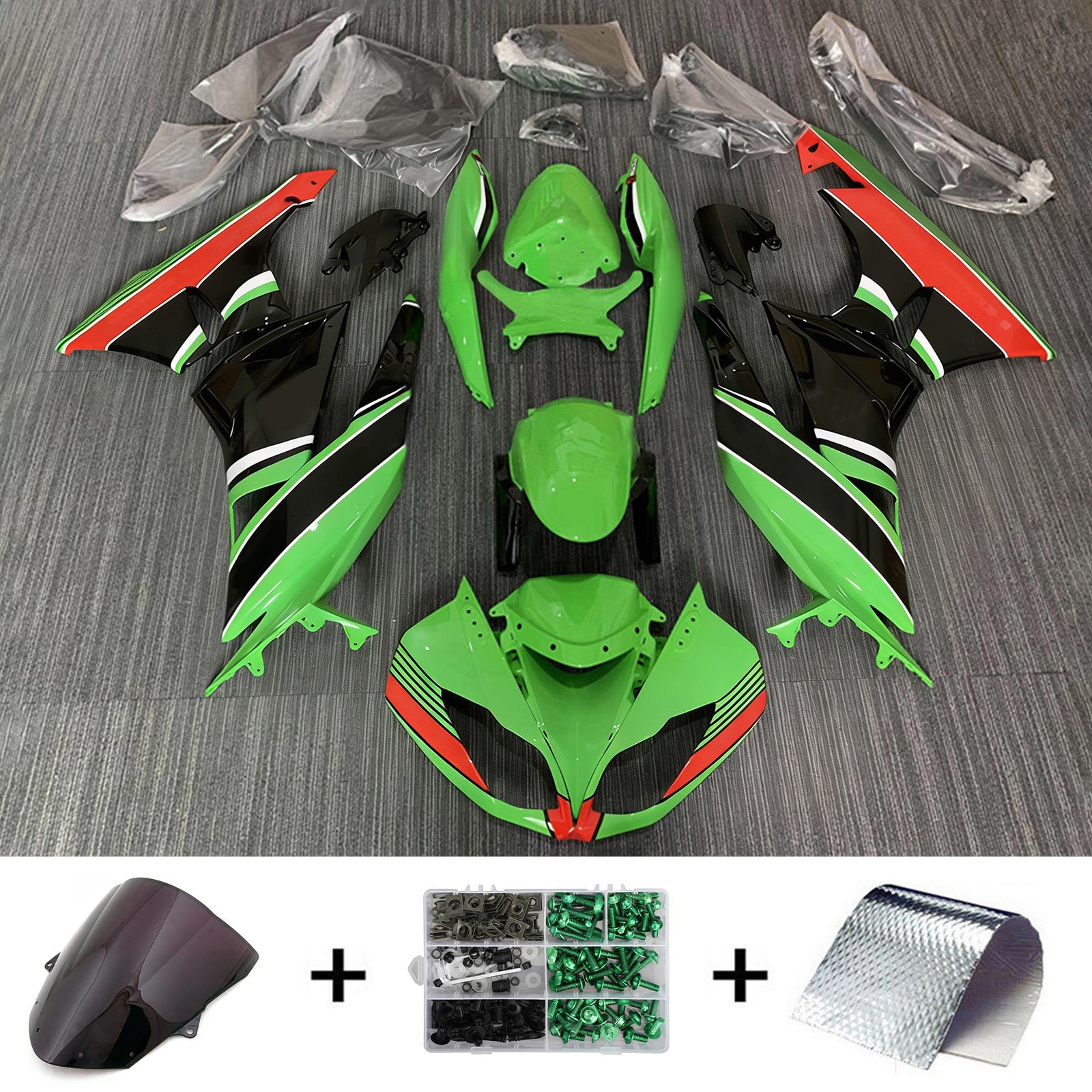 Amotopart Kawasaki 2009-2012 ZX6R 636 Grün&Schwarzes Style4 Verkleidungsset