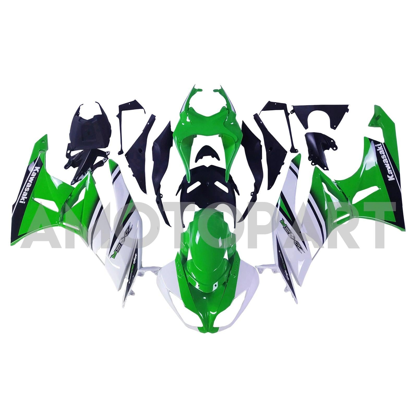 Amotopart Kawasaki 2009–2012 ZX6R 636 Grün&Weißes Style2-Verkleidungskit