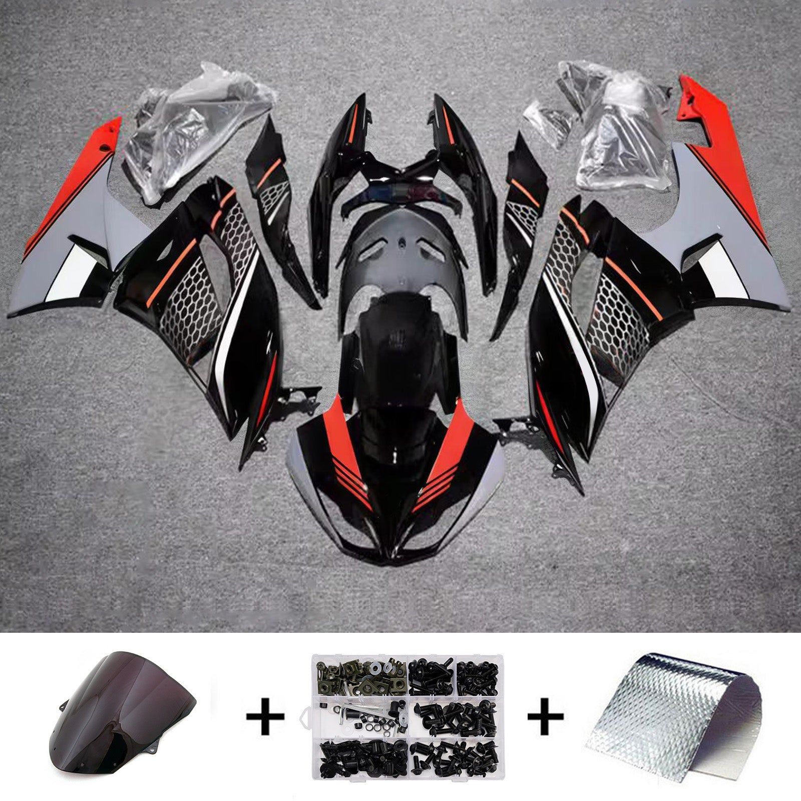 Amotopart 2009-2012 Kawasaki ZX6R 636 Black Red Grey Fairing Kit