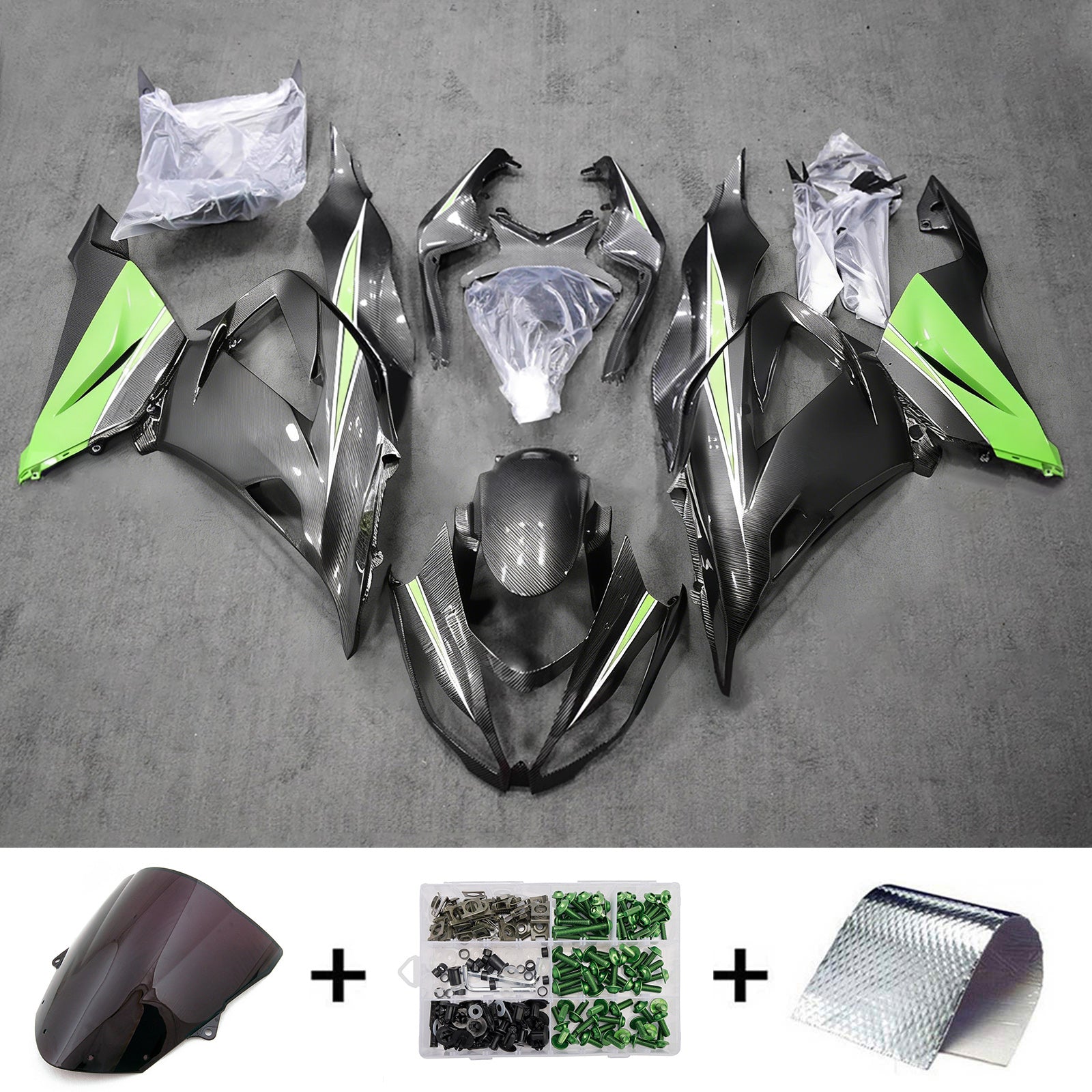 Amotopart 2013-2018 Kawasaki ZX6R 636 Green Black Carbon Fiber Pattern Fairing Kit