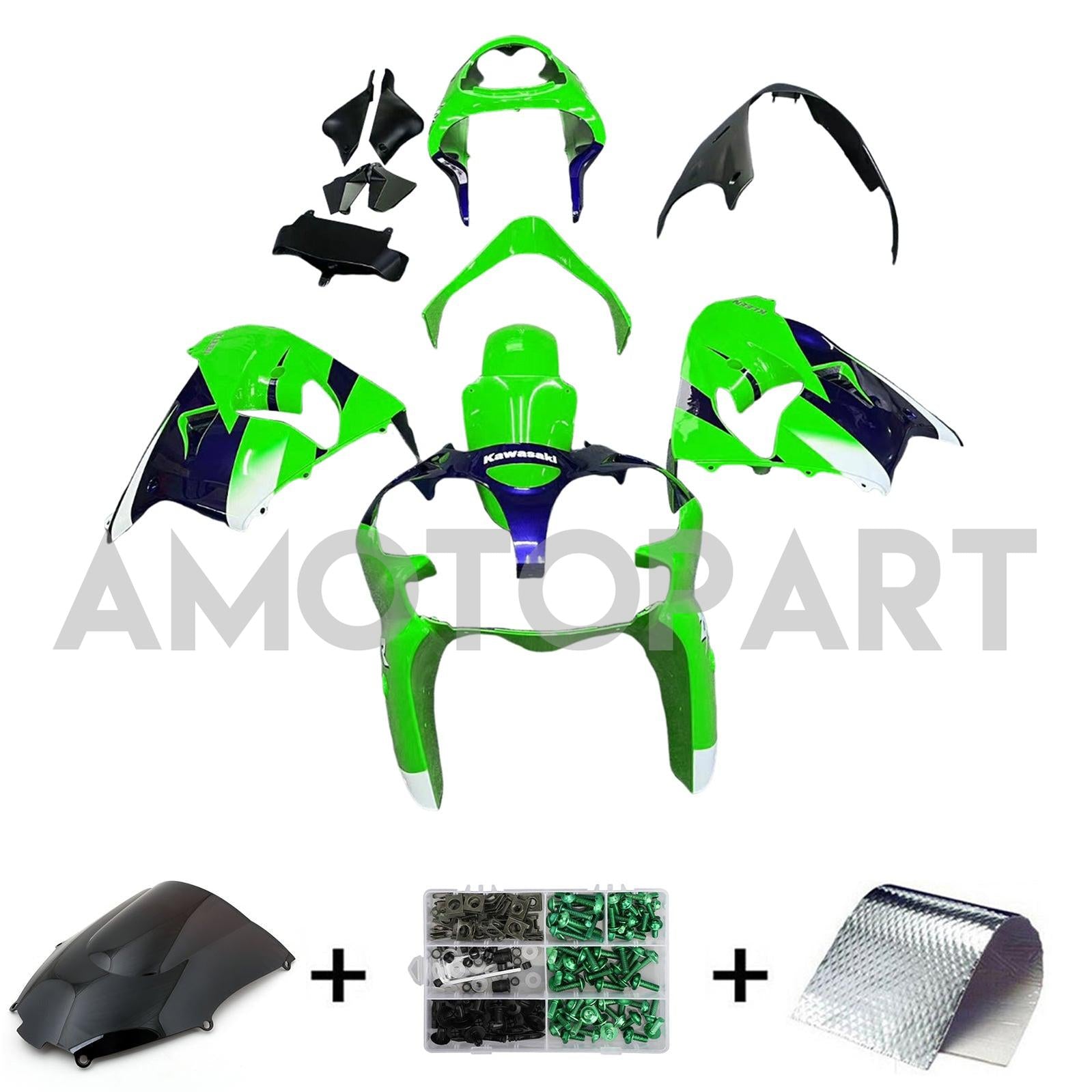 Amotopart Kawasaki ZX9R 2000-2001 Black Green Fairing Kit
