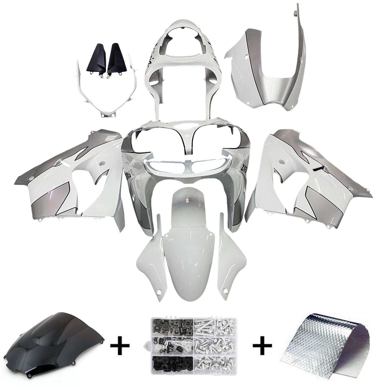 Amotopart Kawasaki ZX9R 2000-2001 Srebrny biały zestaw owiewki
