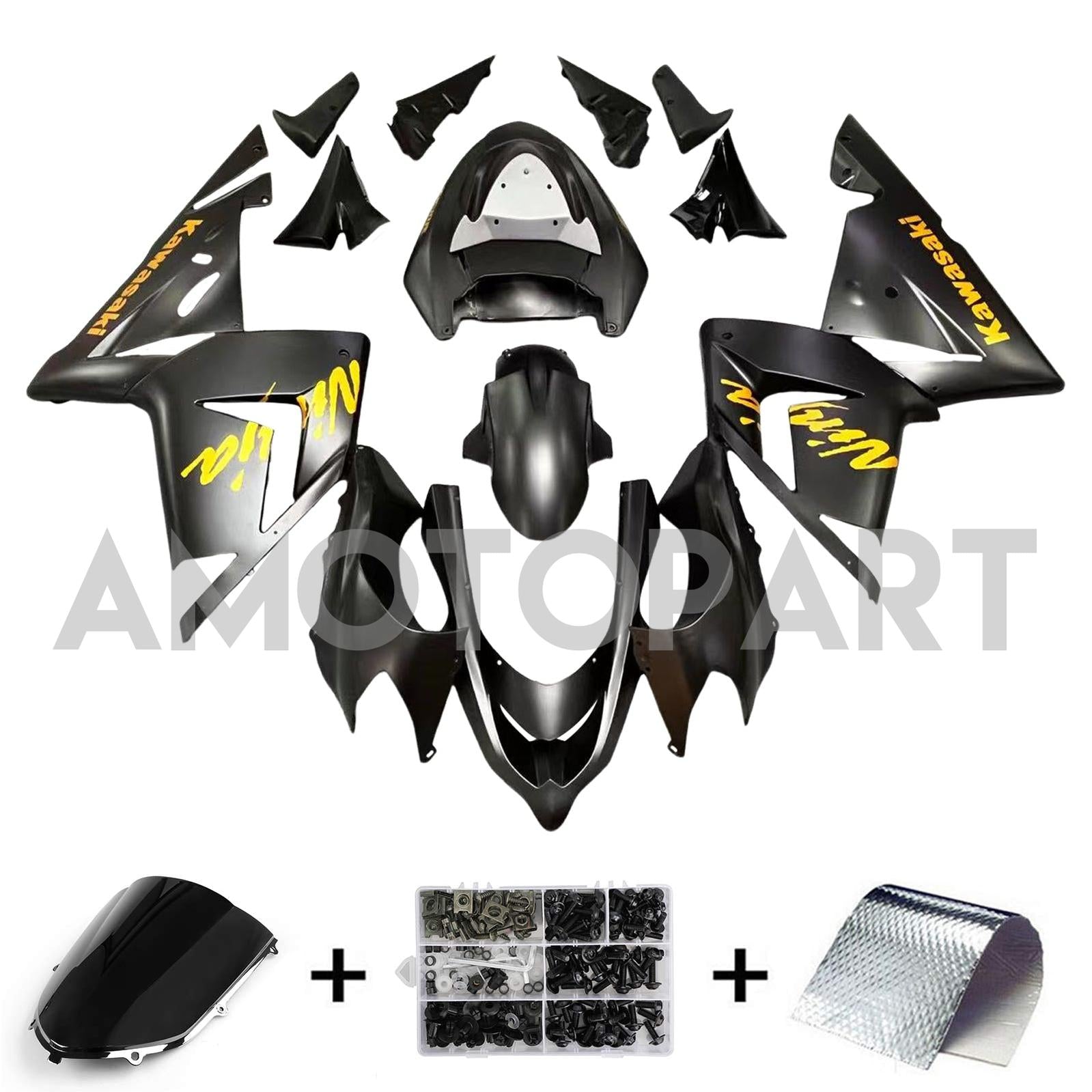 Amotopart Kawasaki 2004-2005 ZX10R Black With Golden Logos Fairing Kit