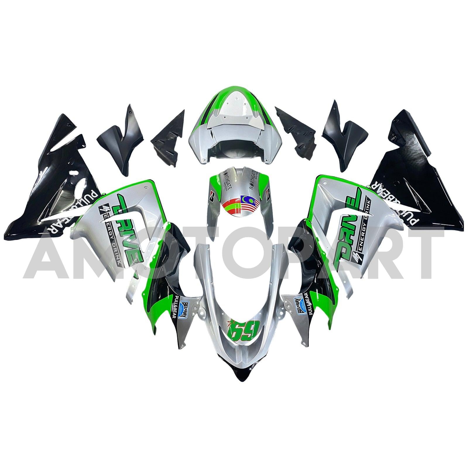Amotopart 2004-2005 ZX10R Kawasaki Green&Silver Fairing Kit