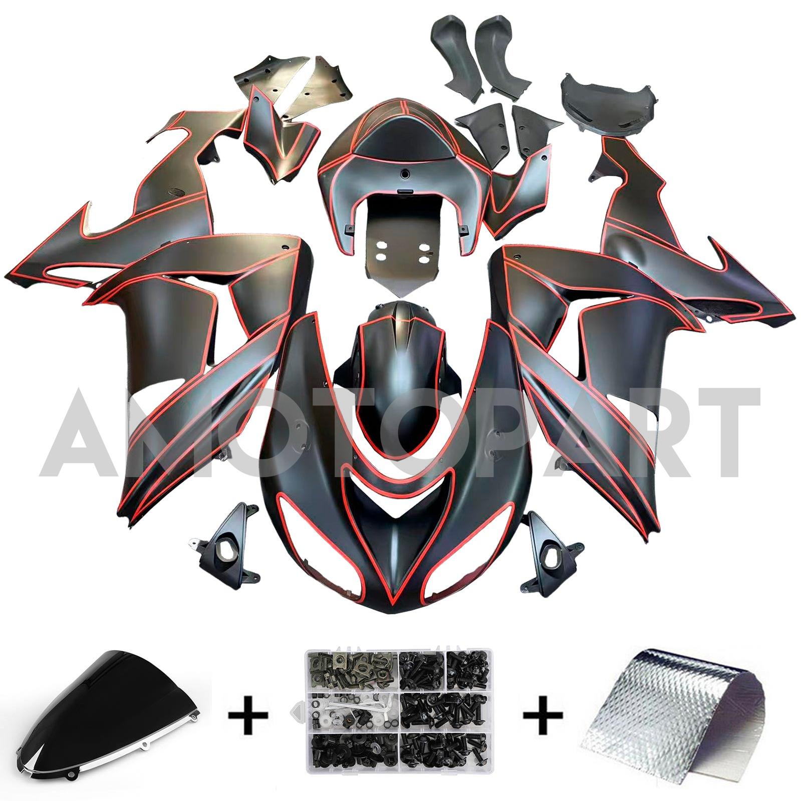 Amotopart 2006-2007 Kawasaki ZX10R Matte Black with Red Stripe Fairing Kit