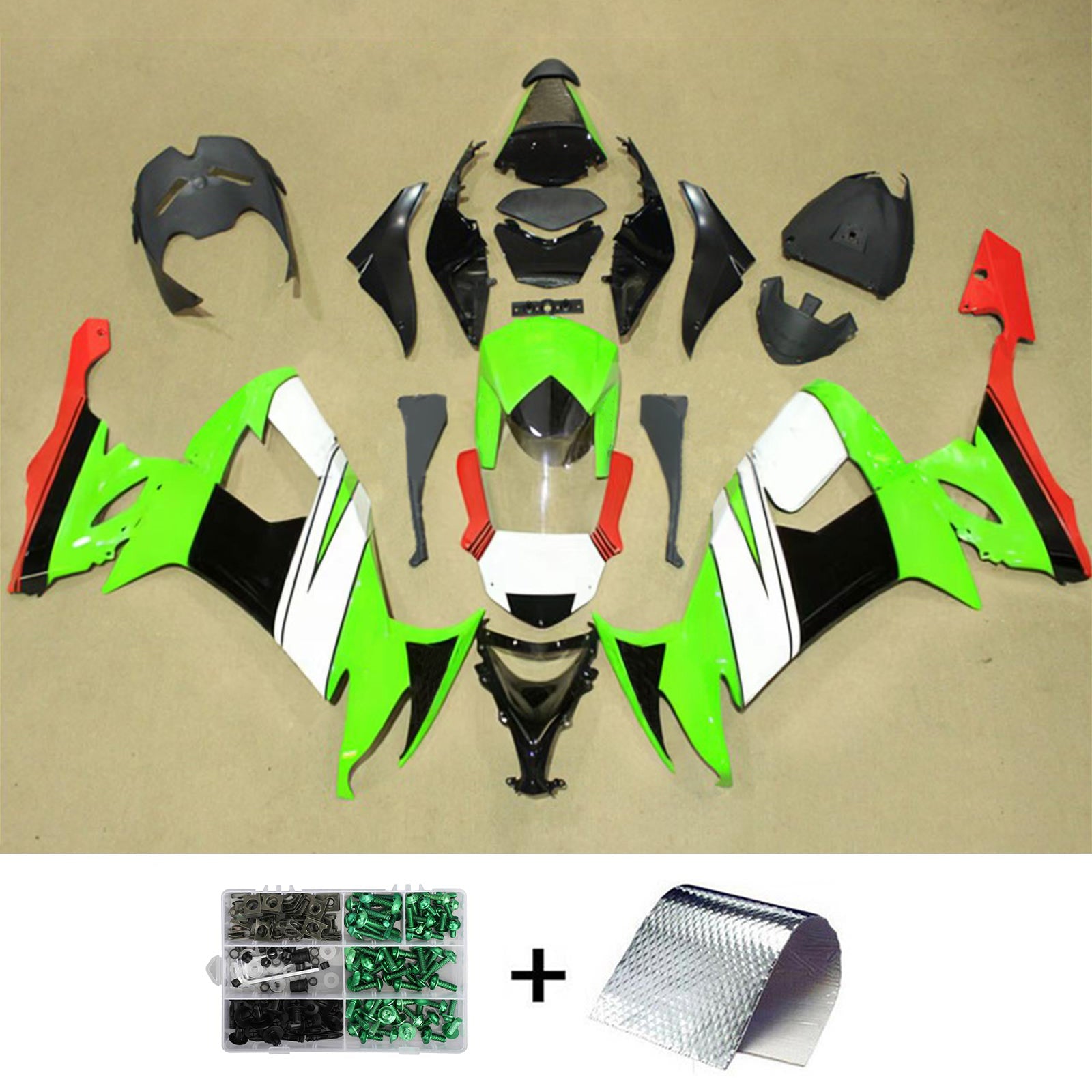 Amotopart 2008-2010 Kawasaki ZX10R Grün&Red Style2 Verkleidungssatz