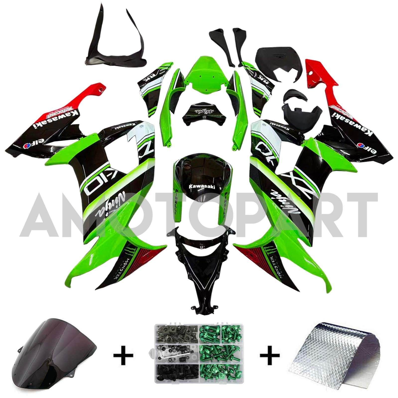 Amotopart 2008-2010 Kawasaki ZX10R Green&Red Style3 Fairing Kit