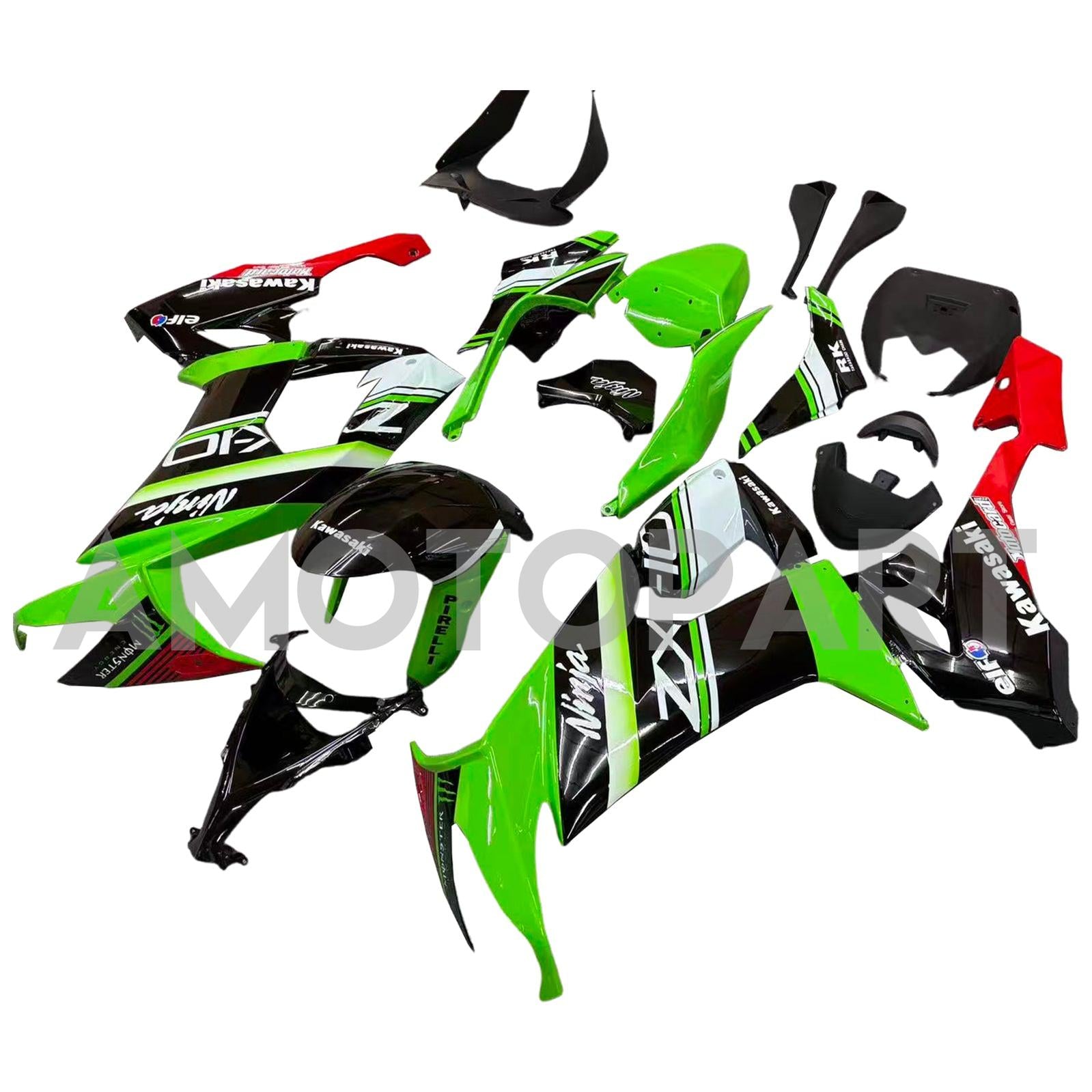 Amotopart 2008-2010 Kawasaki ZX10R Green&Red Style3 Fairing Kit
