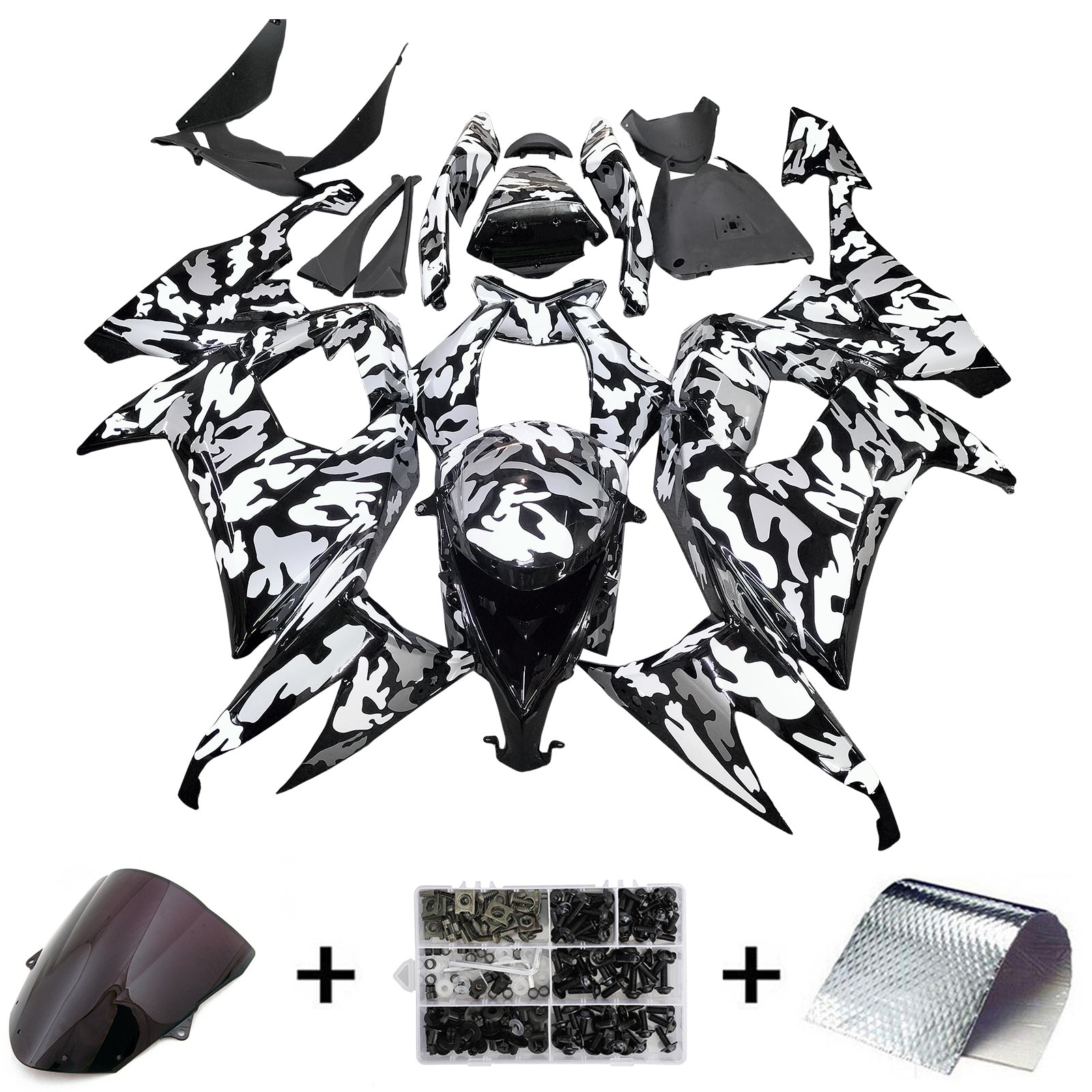 Amotopart 2008-2010 Kawasaki ZX10R White Black Camouflage Fairing Kit