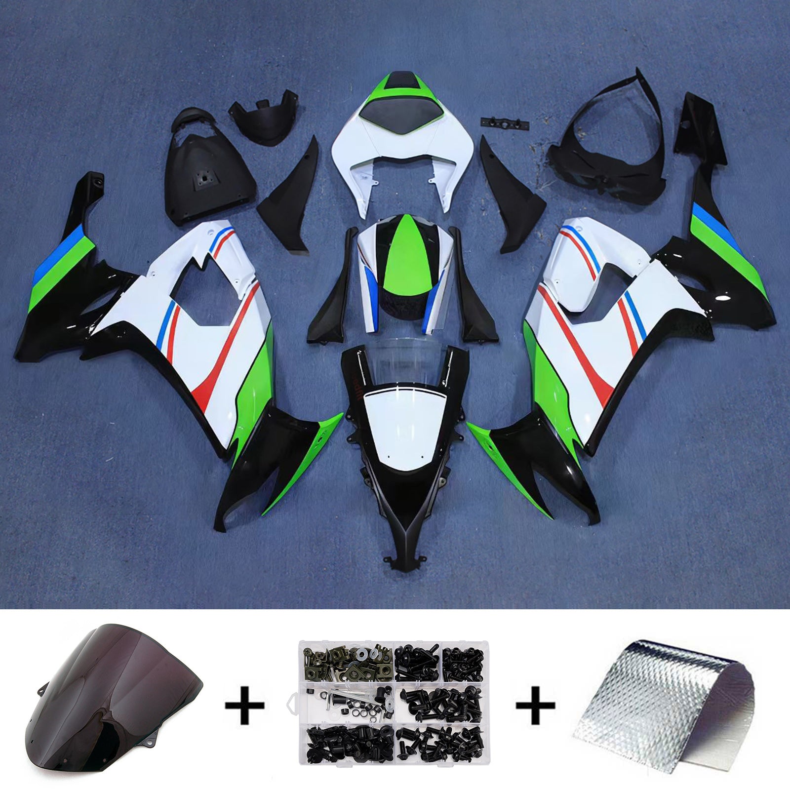 Amotopart 2008-2010 Kawasaki ZX10R Černá Bílá Zelená Sada kapotáže