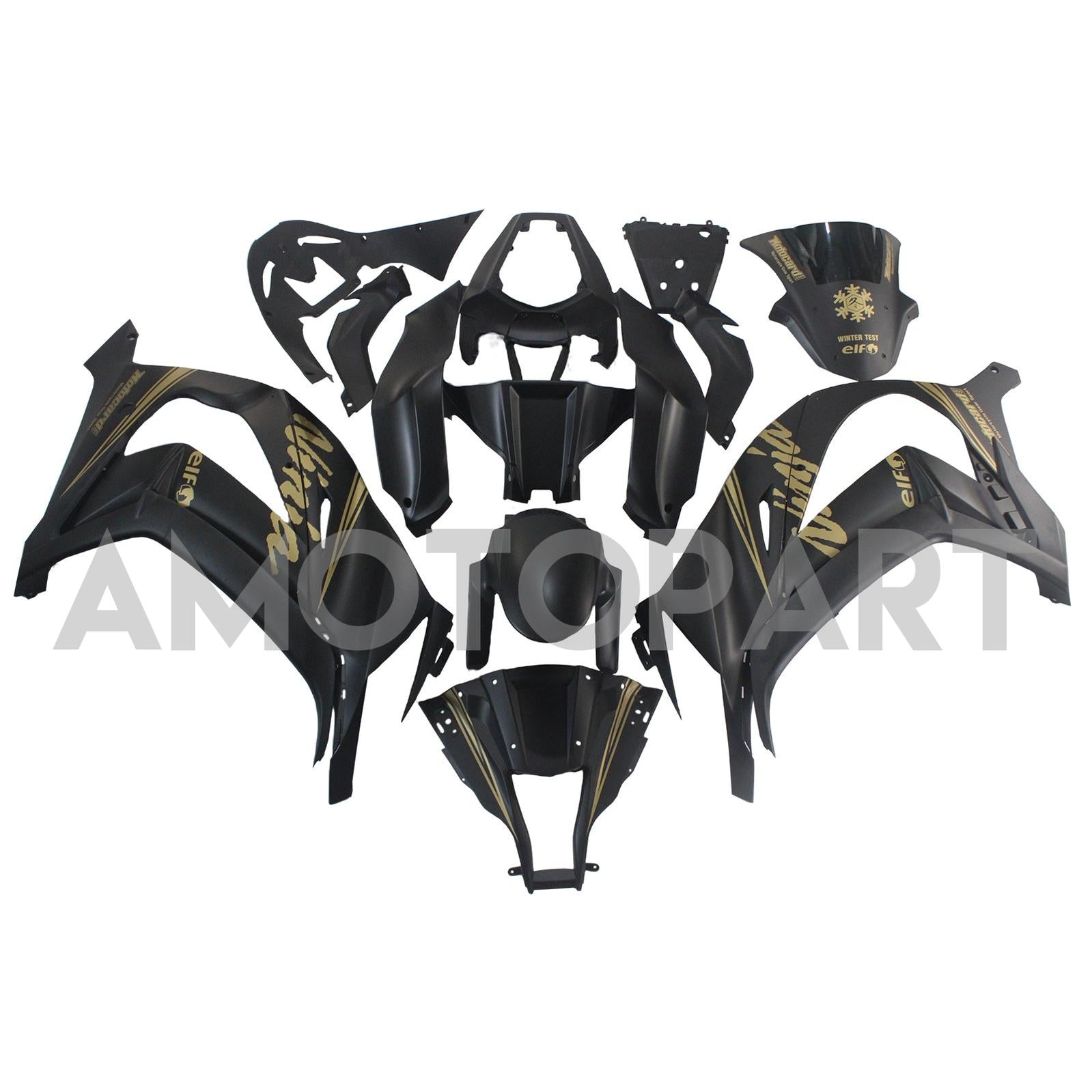 Amotopart Kawasaki ZX10R 2011-2015 Matt Black With Golden Decal Fairing Kit