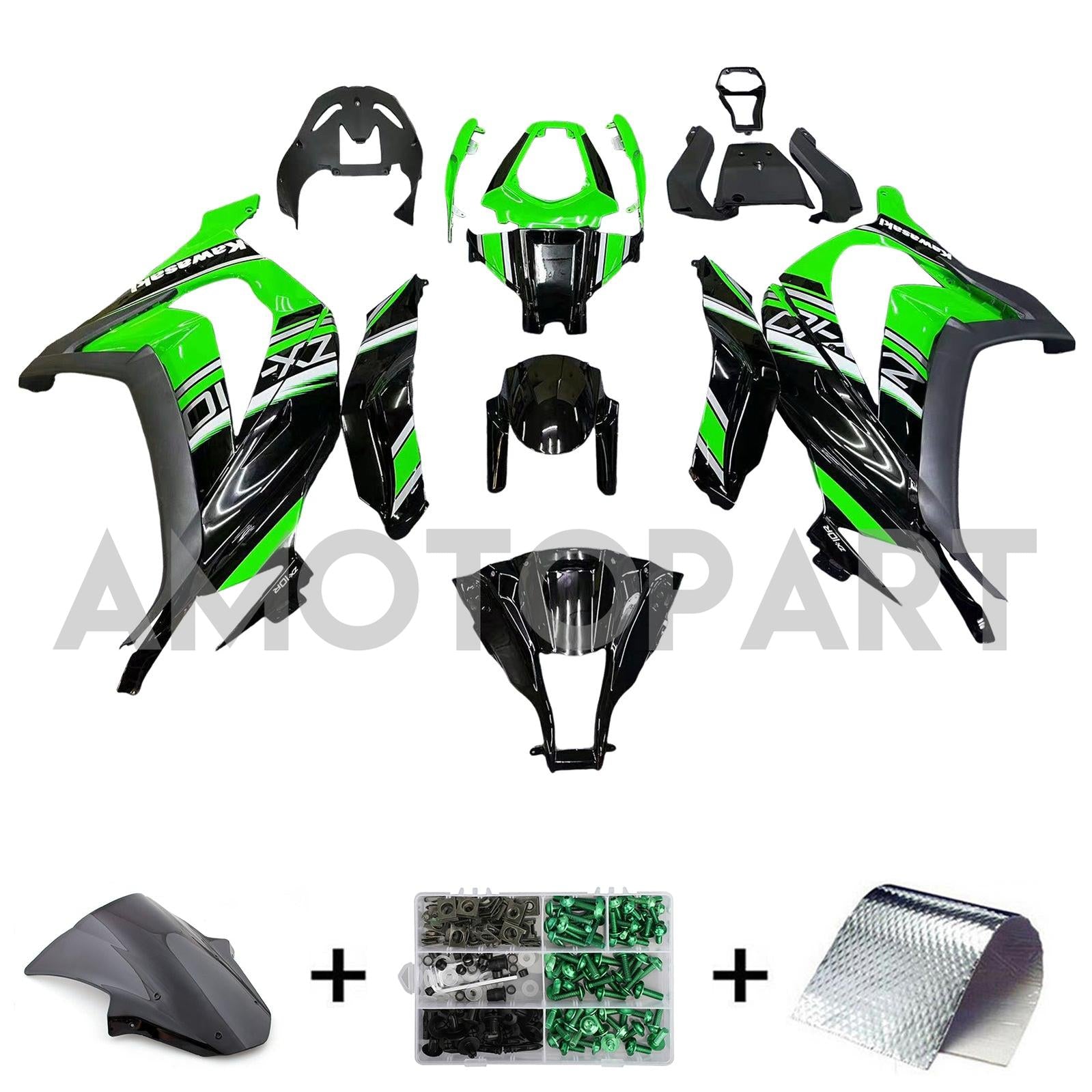 Amotopart 2011-2015 Kawasaki ZX10R Green & Black Style2 Fairing Kit