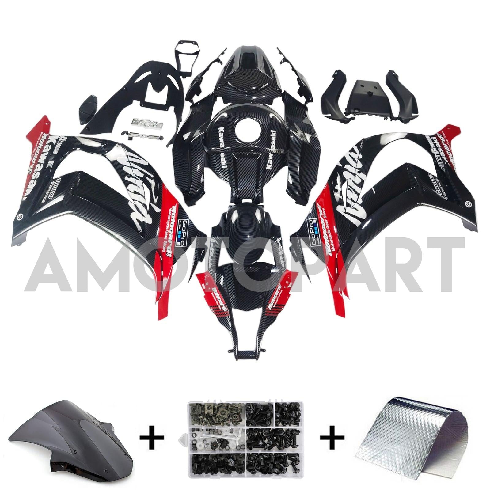 Amotopart 2011-2015 Kawasaki ZX10R Carbon Fiber Pattern Black & Red Fairing Kit