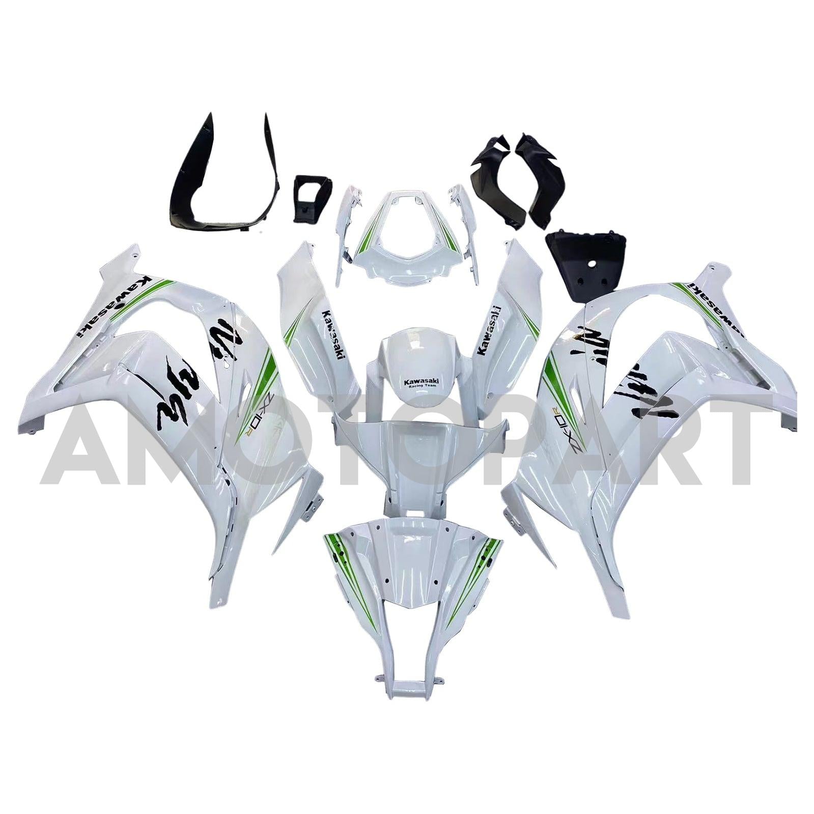 Amotopart 2011-2015 Kawasaki ZX10R Gloss White mit Green Line Abzugskit