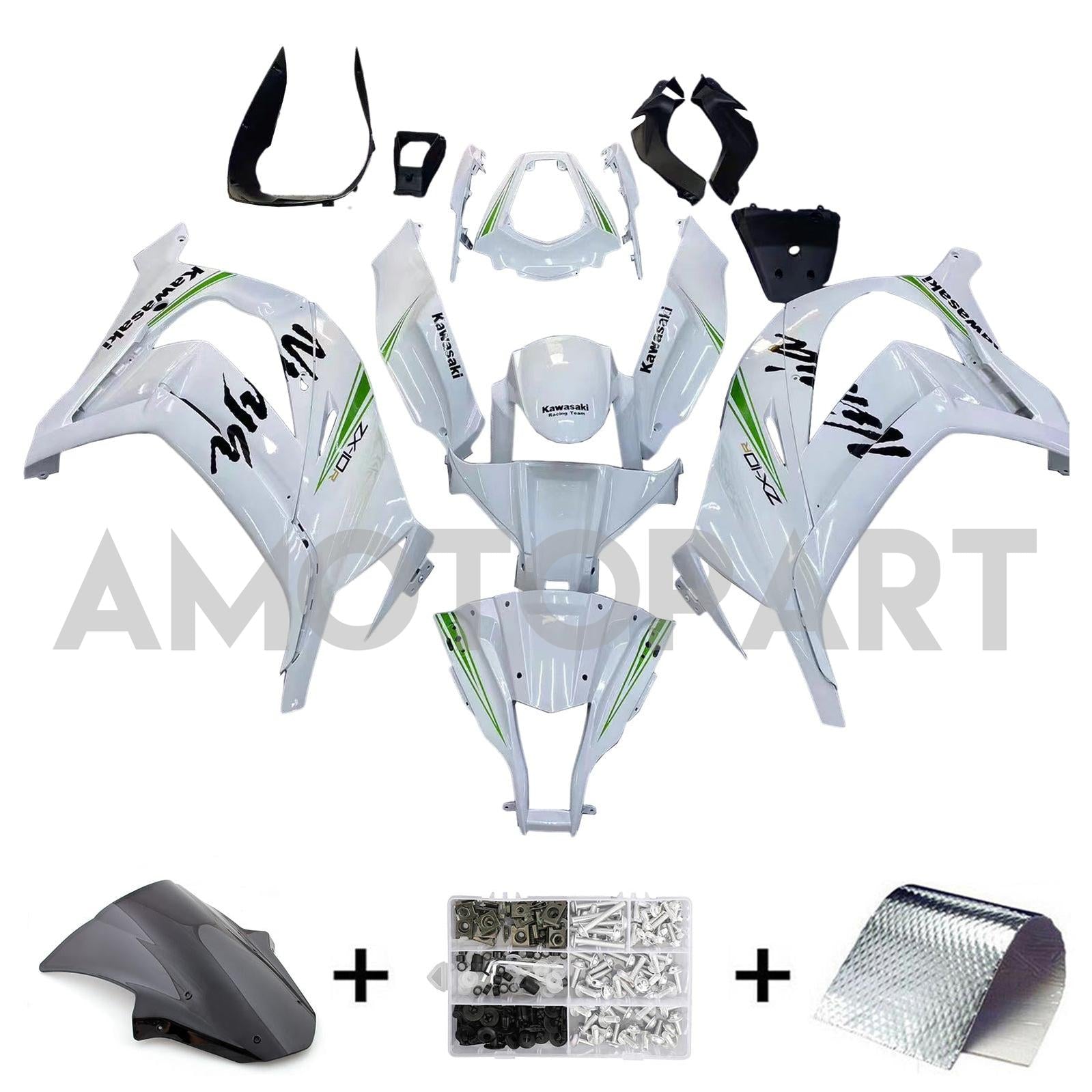 Amotopart 2011-2015 Kawasaki ZX10R Gloss White mit Green Line Abzugskit