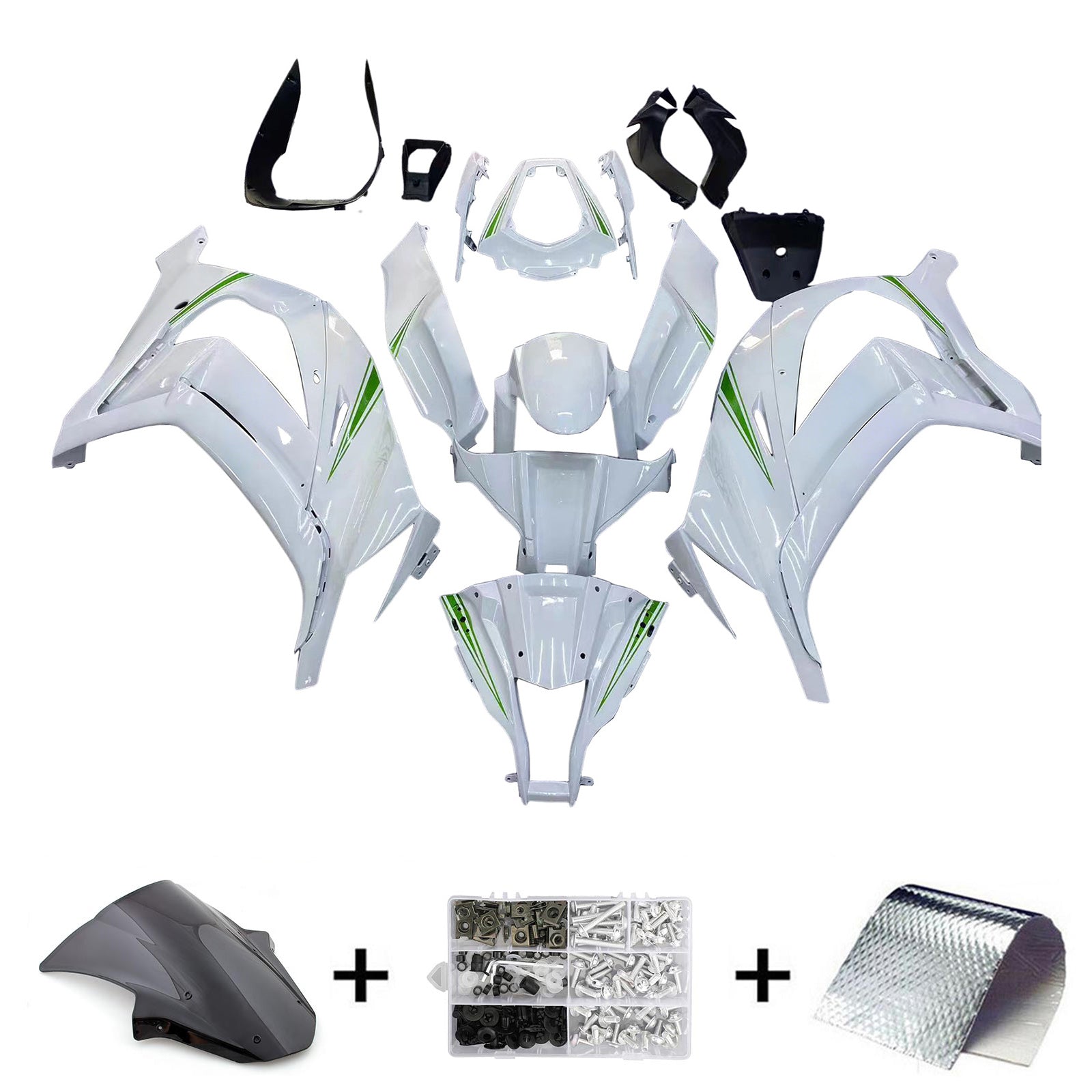 Amotopart 2011-2015 Kawasaki ZX10r Gloss White with Green Line Fairing Zestaw