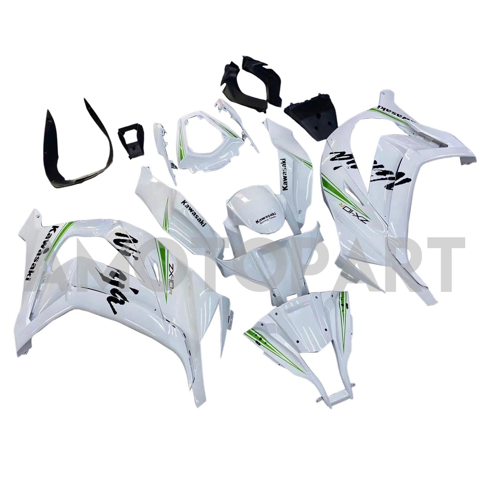 Amotopart 2011-2015 Kawasaki ZX10R Gloss White mit Green Line Abzugskit