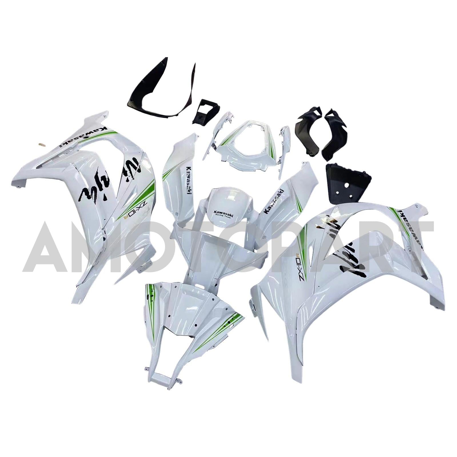 Amotopart 2011-2015 Kawasaki ZX10R Gloss White mit Green Line Abzugskit