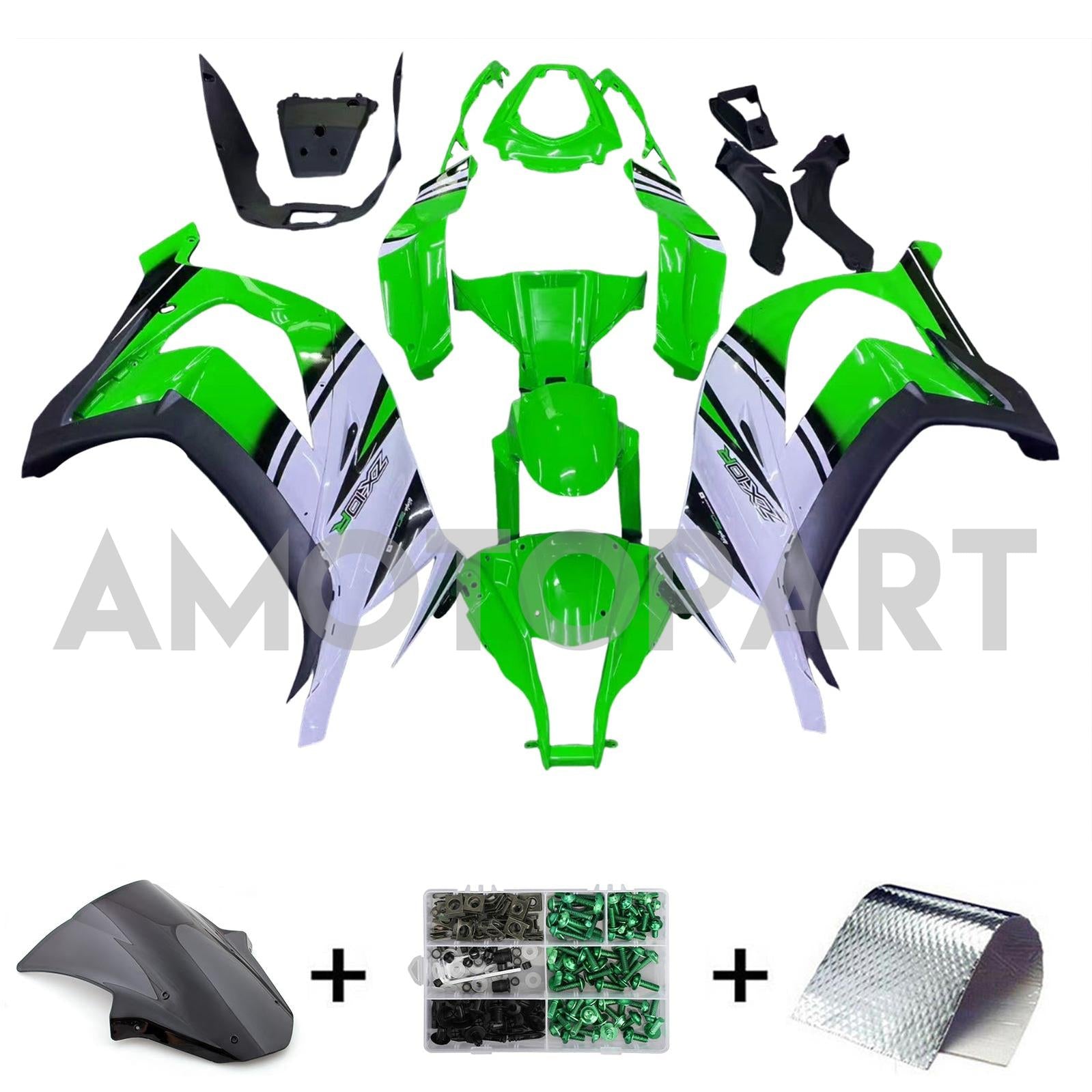 Amotopart 2011-2015 Kawasaki ZX10R Green&White Fairing Kit